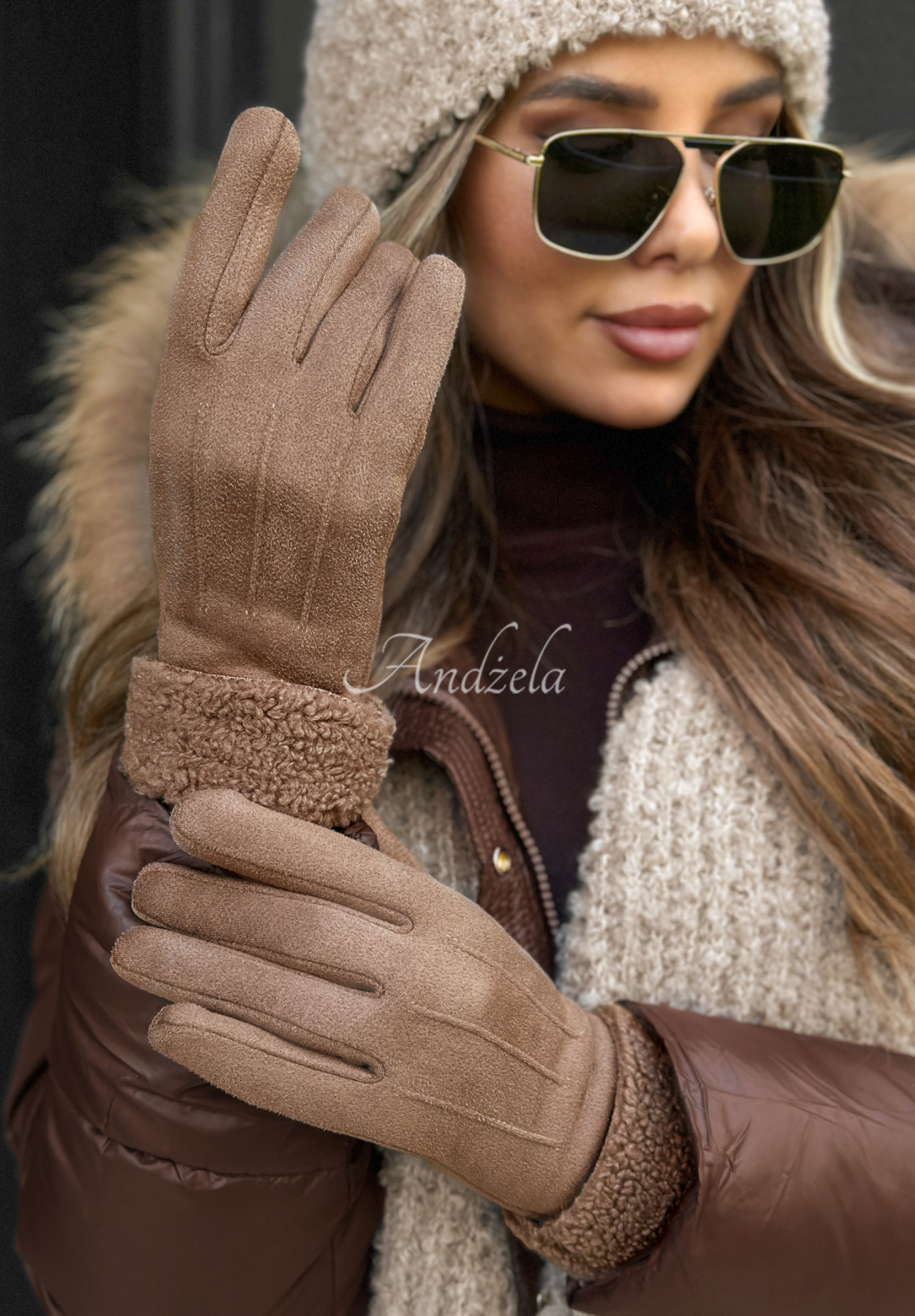 Wildlederhandschuhe mit Schaffellfutter Frozen Hours Camel