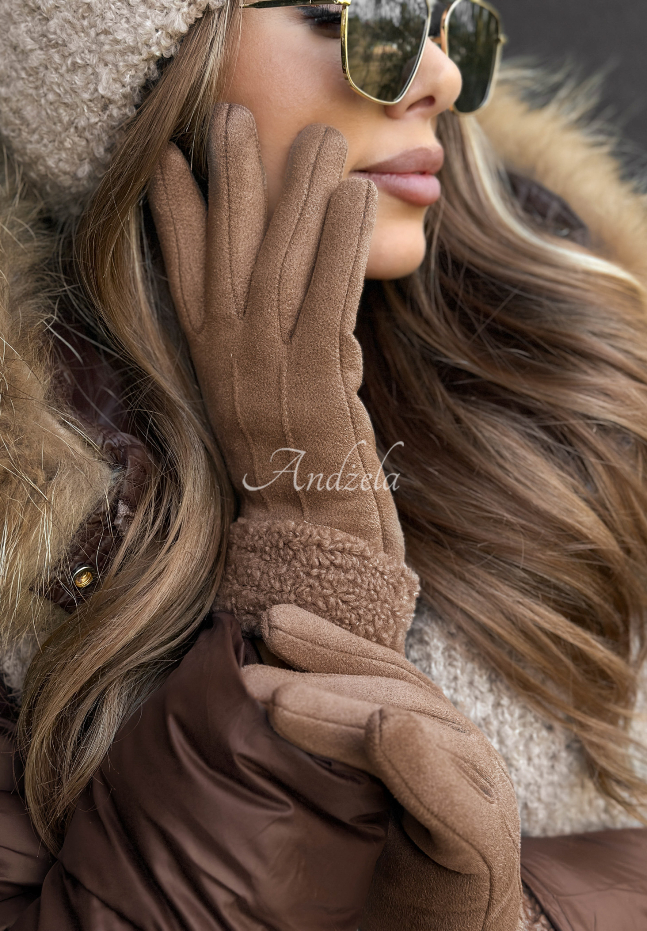 Wildlederhandschuhe mit Schaffellfutter Frozen Hours Camel