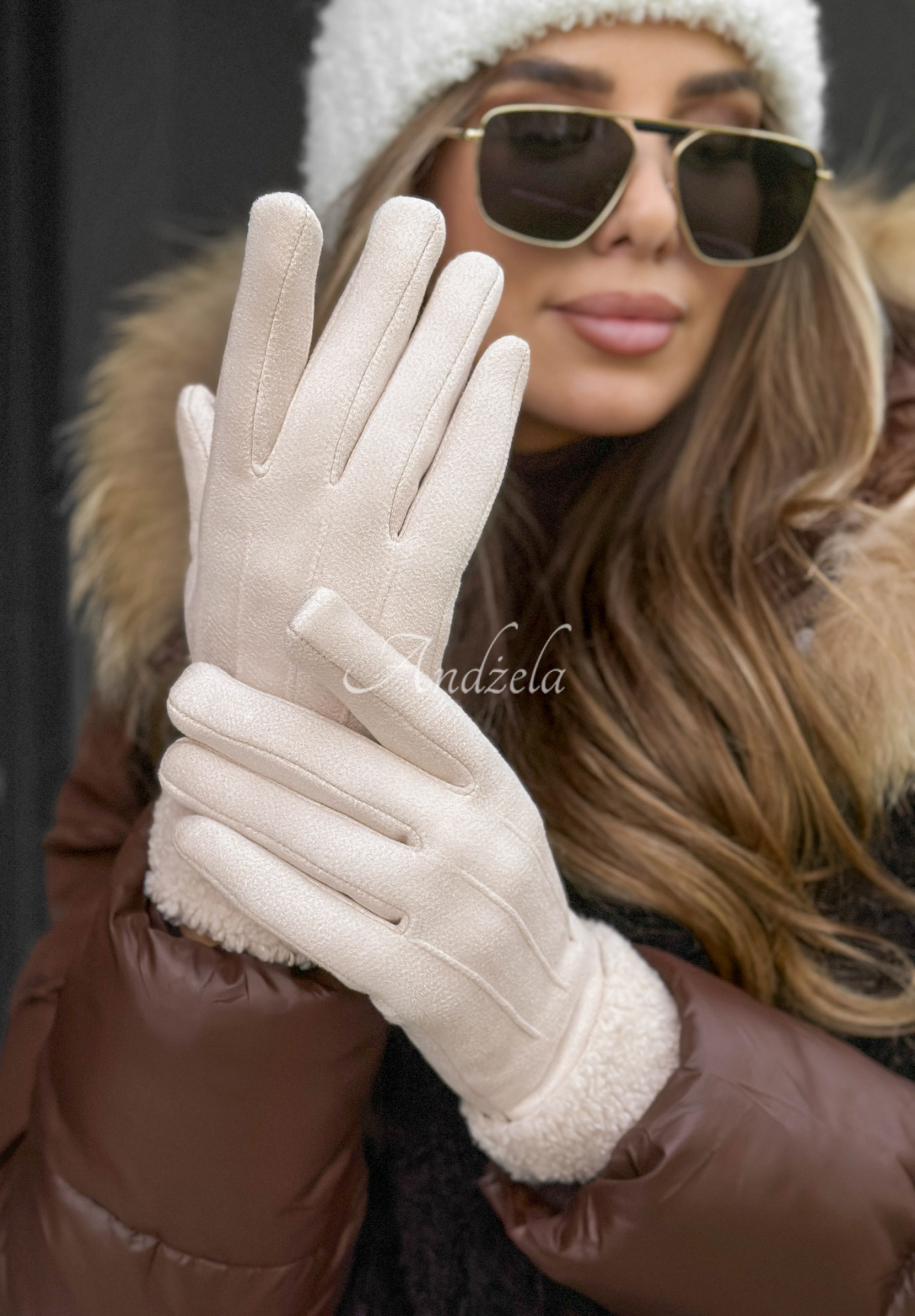 Wildlederhandschuhe mit Schaffellfutter Frozen Hours Ecru