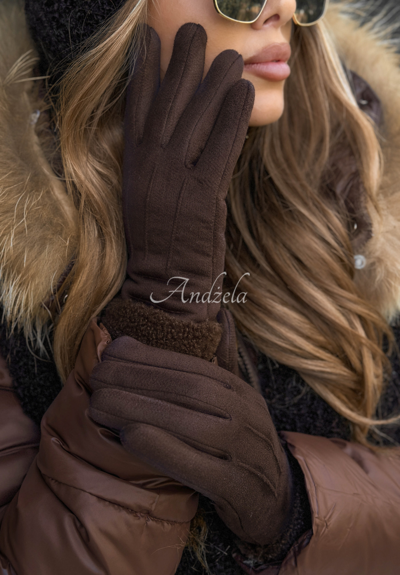Wildlederhandschuhe mit Schaffellfutter Frozen Hours Schokoladenbraun