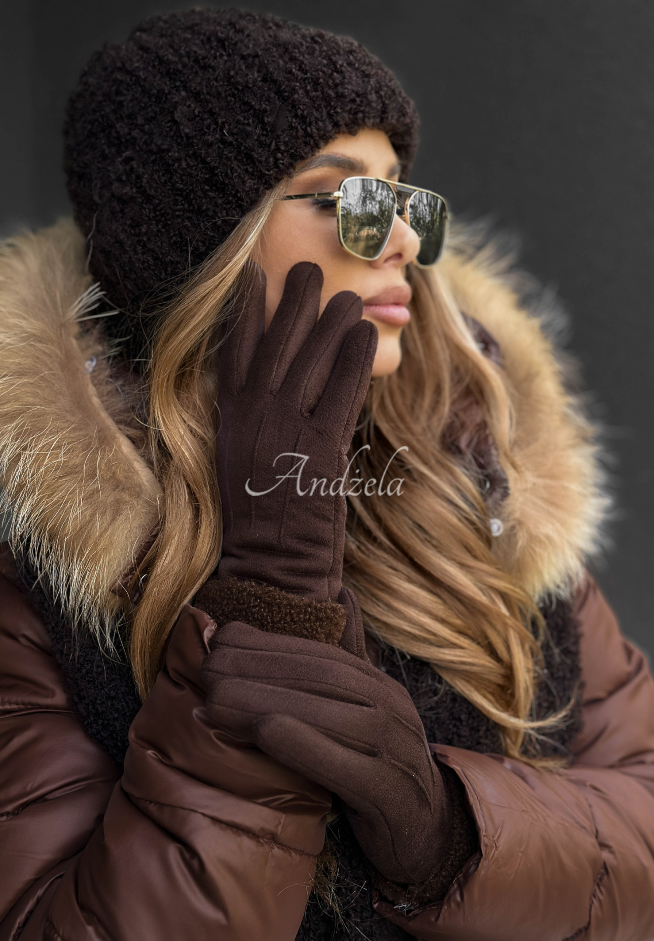 Wildlederhandschuhe mit Schaffellfutter Frozen Hours Schokoladenbraun