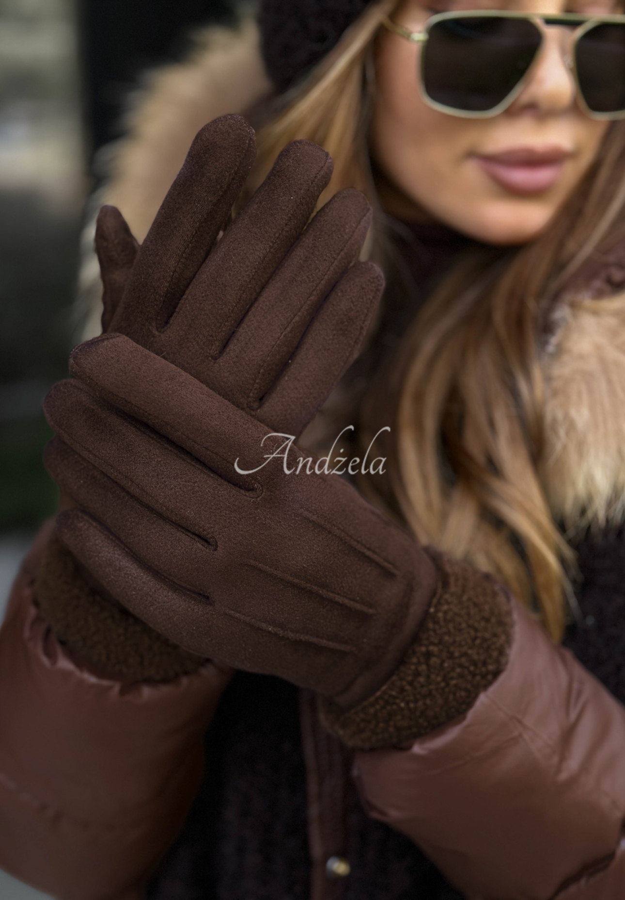 Wildlederhandschuhe mit Schaffellfutter Frozen Hours Schokoladenbraun