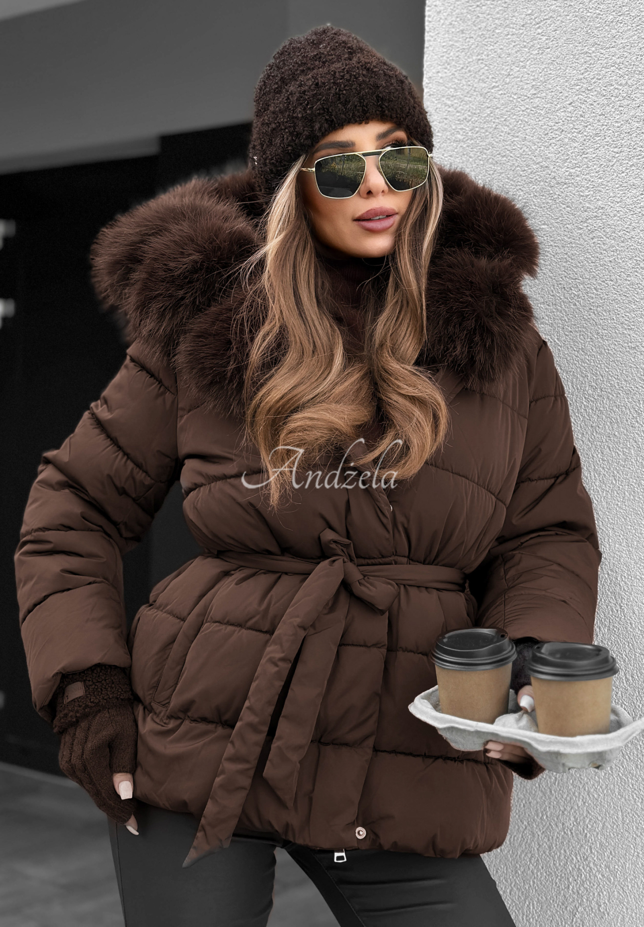Steppjacke mit Fell und Gürtel Coldest Moments Schokoladenbraun