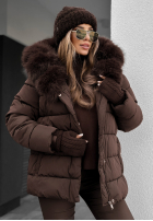 Pikowana Jacke z futerkiem i paskiem Coldest Moments Schokoladenbraun