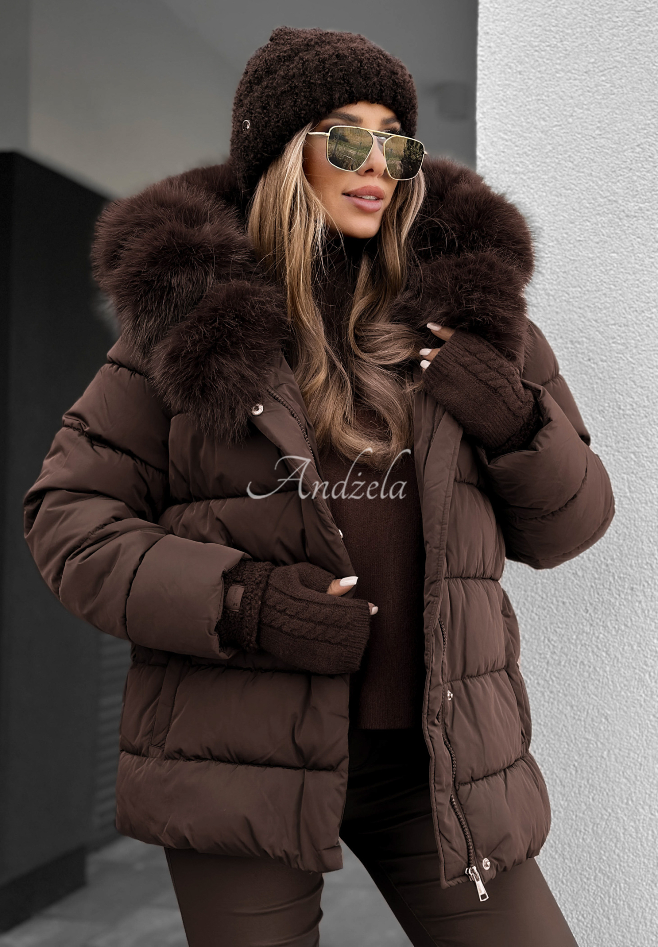 Steppjacke mit Fell und Gürtel Coldest Moments Schokoladenbraun