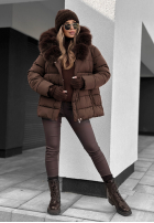 Pikowana Jacke z futerkiem i paskiem Coldest Moments Schokoladenbraun