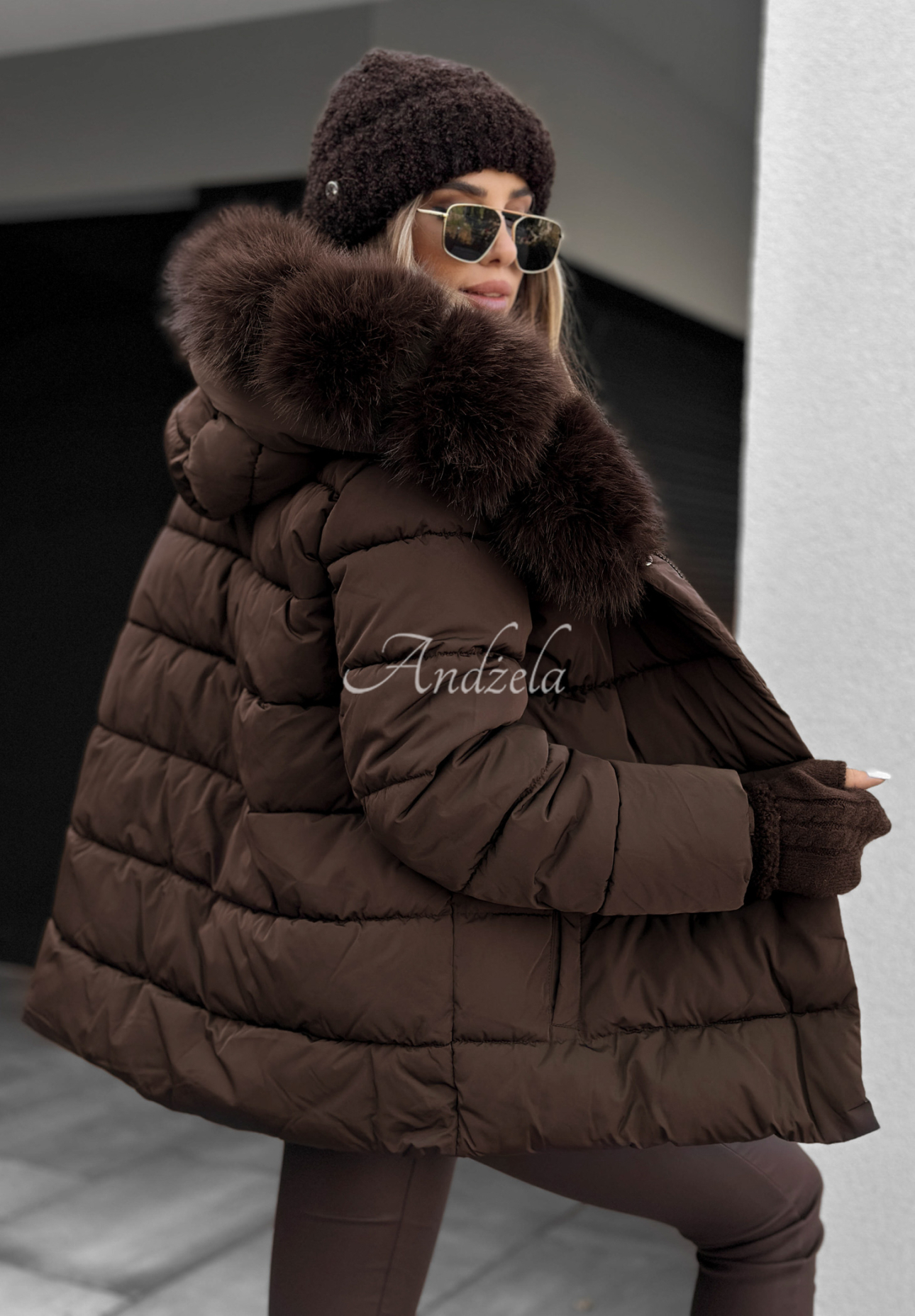 Steppjacke mit Fell und Gürtel Coldest Moments Schokoladenbraun