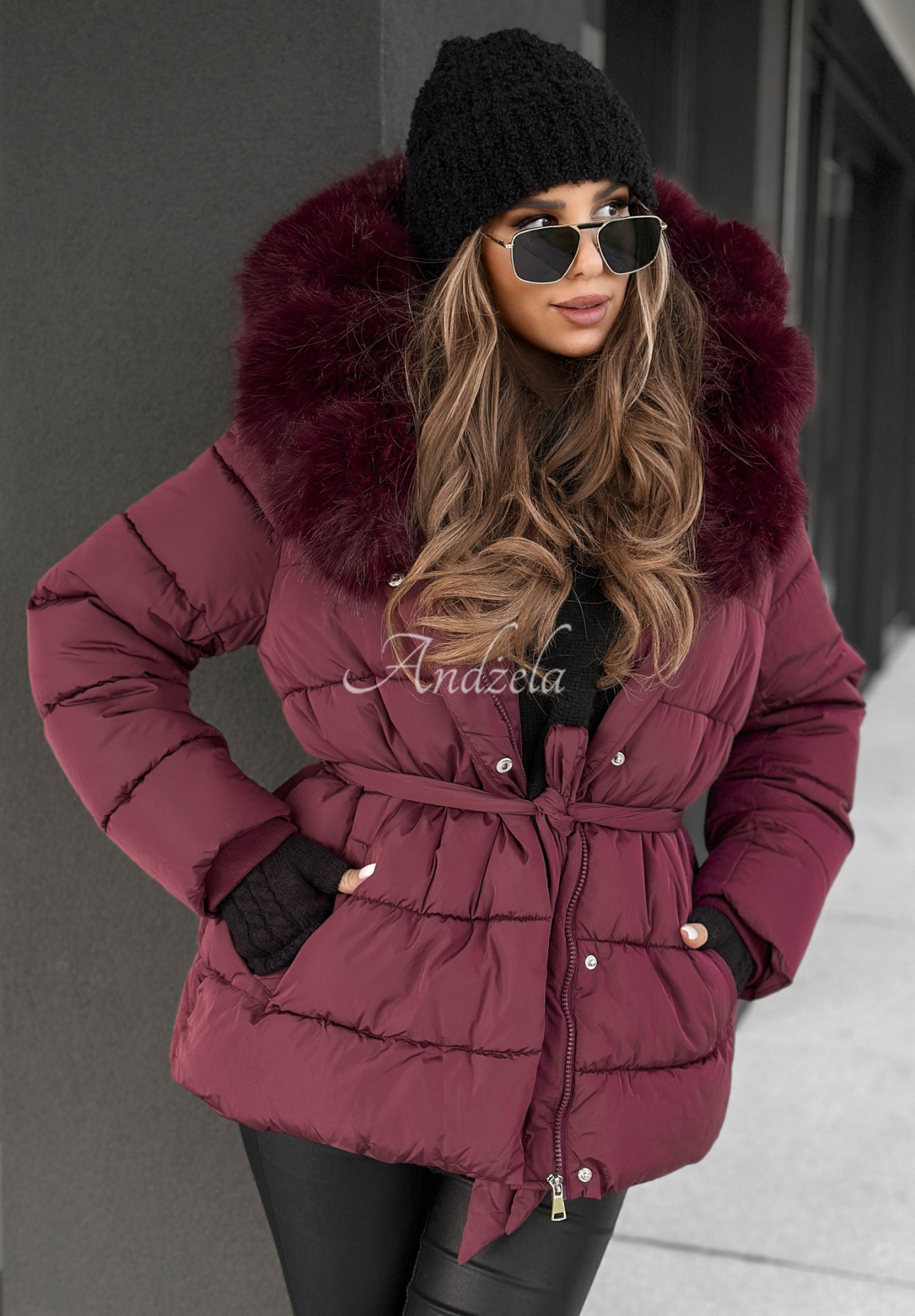 Steppjacke mit Fell und Gürtel Coldest Moments Burgunderrot