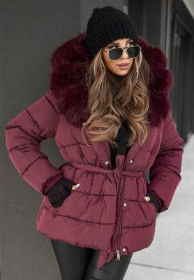 Steppjacke mit Fell und Gürtel Coldest Moments Burgunderrot