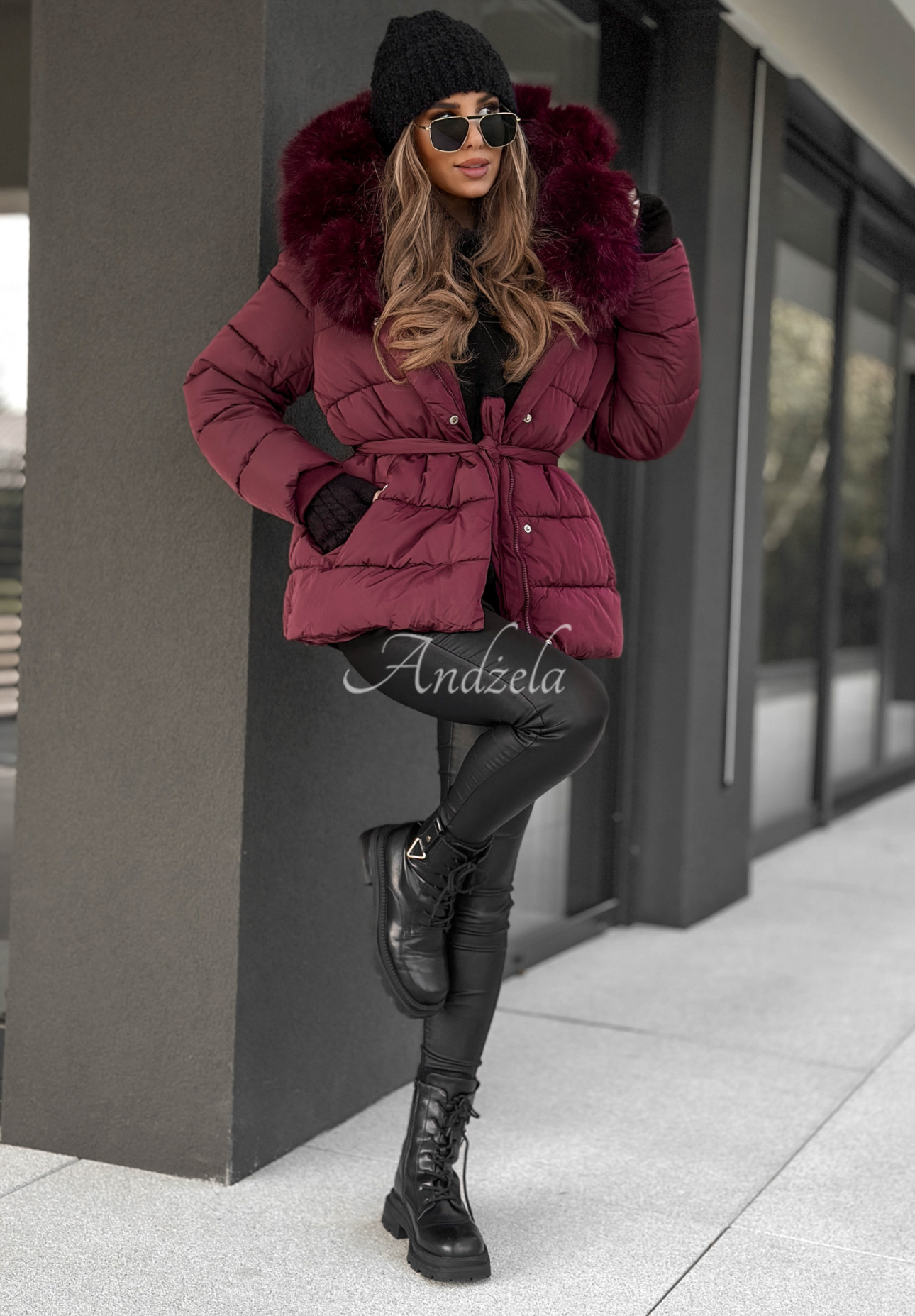 Steppjacke mit Fell und Gürtel Coldest Moments Burgunderrot