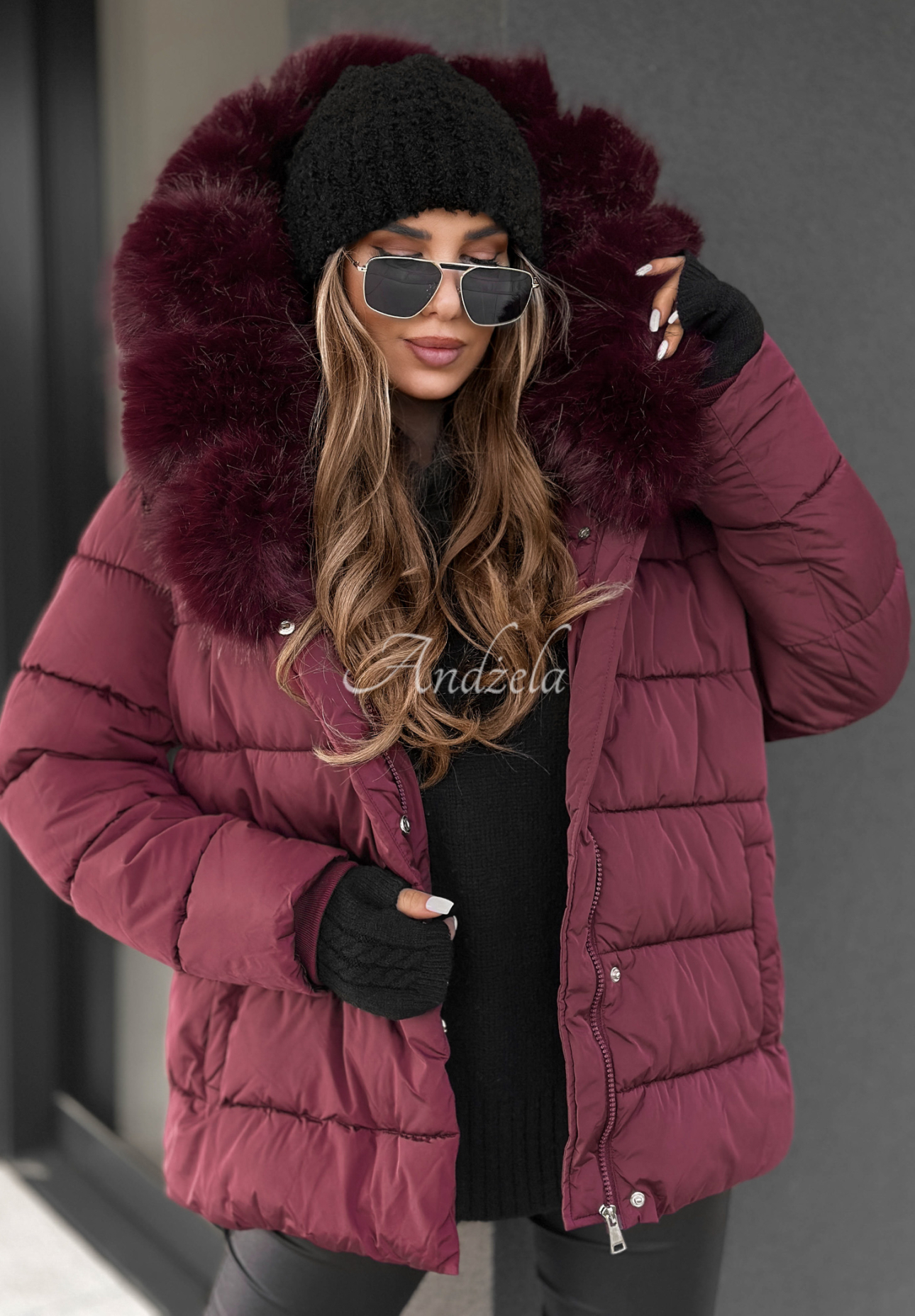 Steppjacke mit Fell und Gürtel Coldest Moments Burgunderrot
