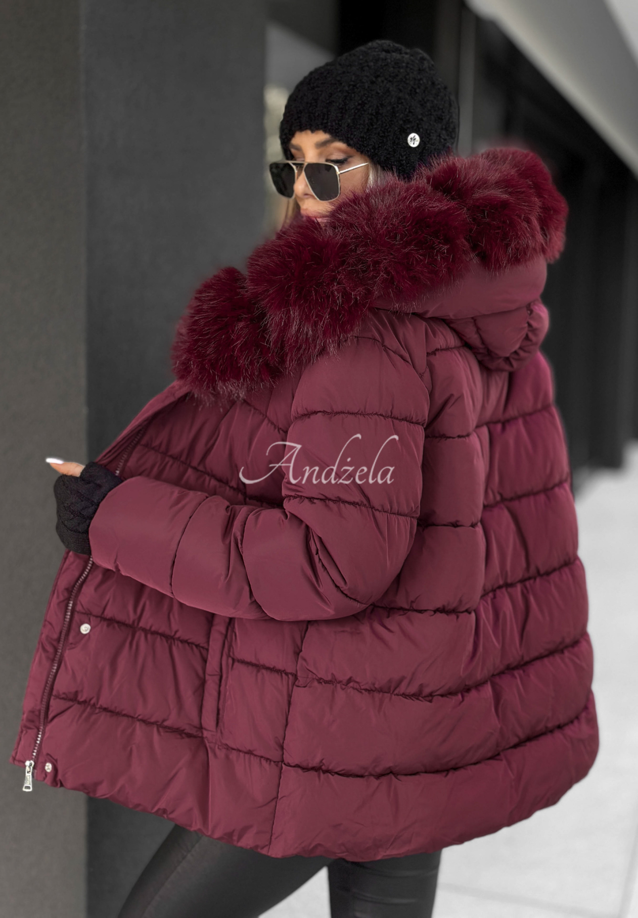 Steppjacke mit Fell und Gürtel Coldest Moments Burgunderrot