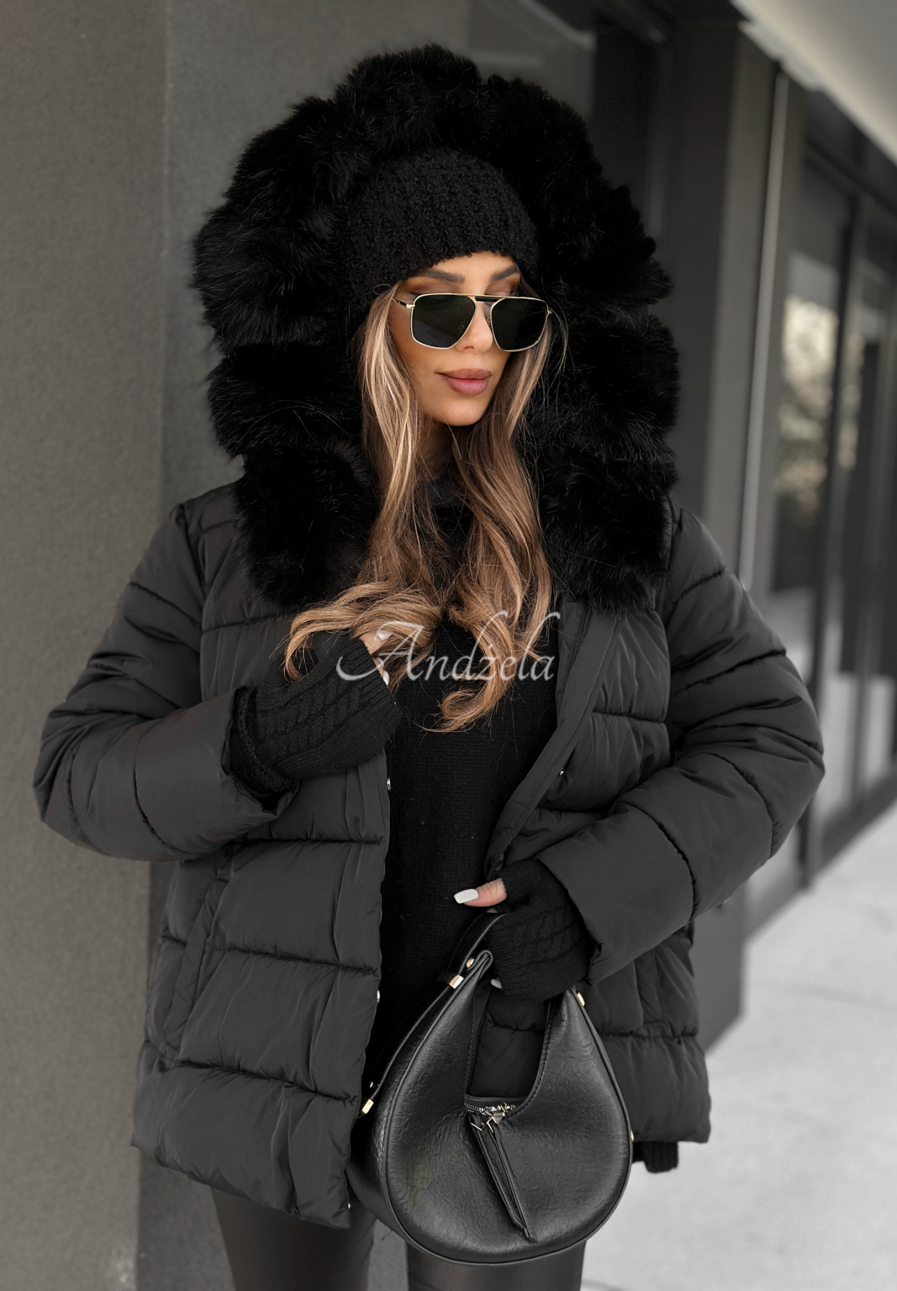 Steppjacke mit Fell und Gürtel Coldest Moments Schwarz