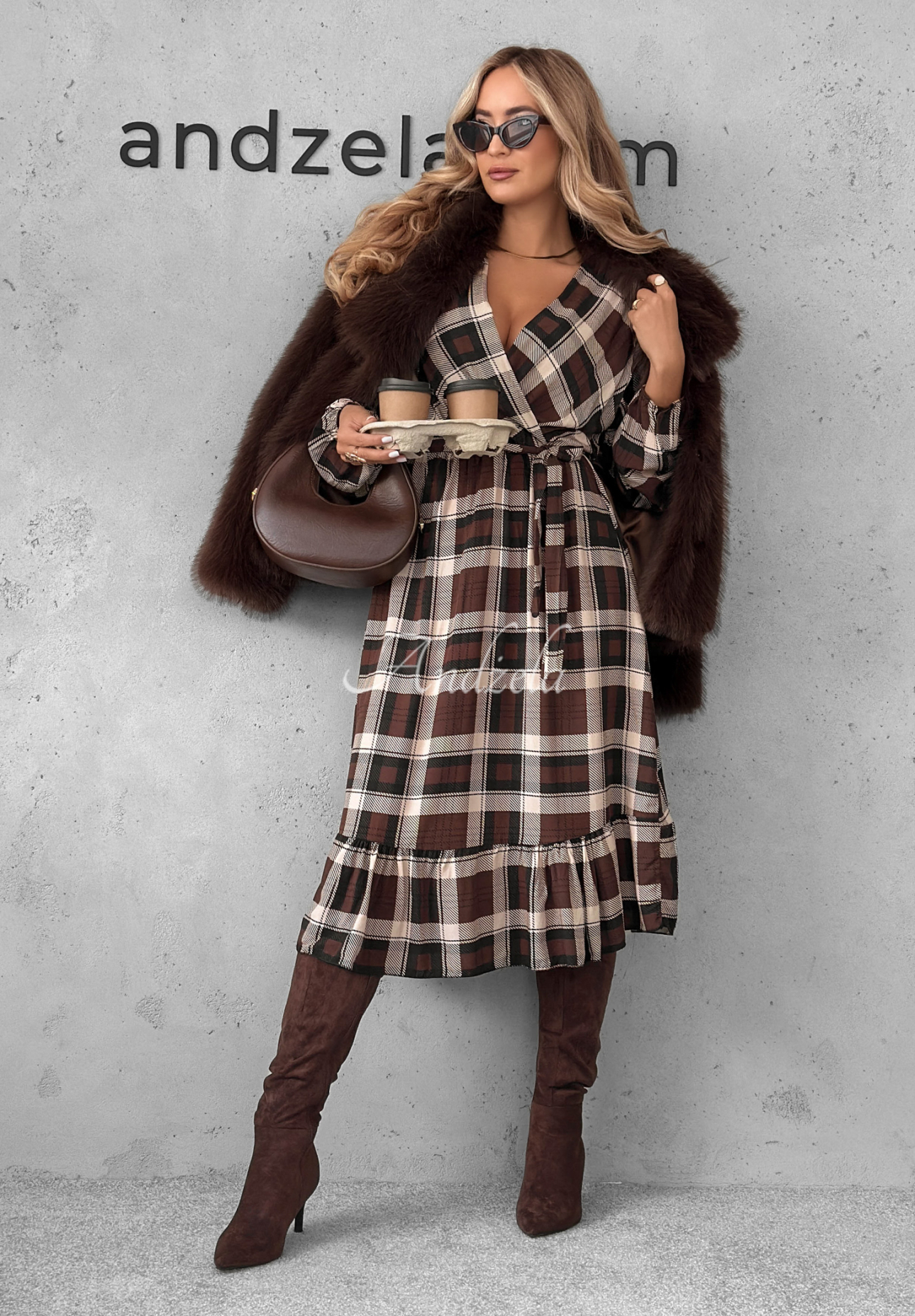 Kariertes Midikleid aus Viskose Just Listen Schokoladenbraun