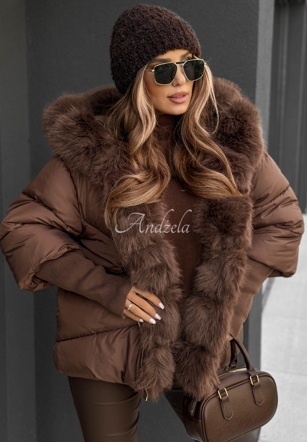 Steppjacke mit Fell Frosty Horizon Schokoladenbraun