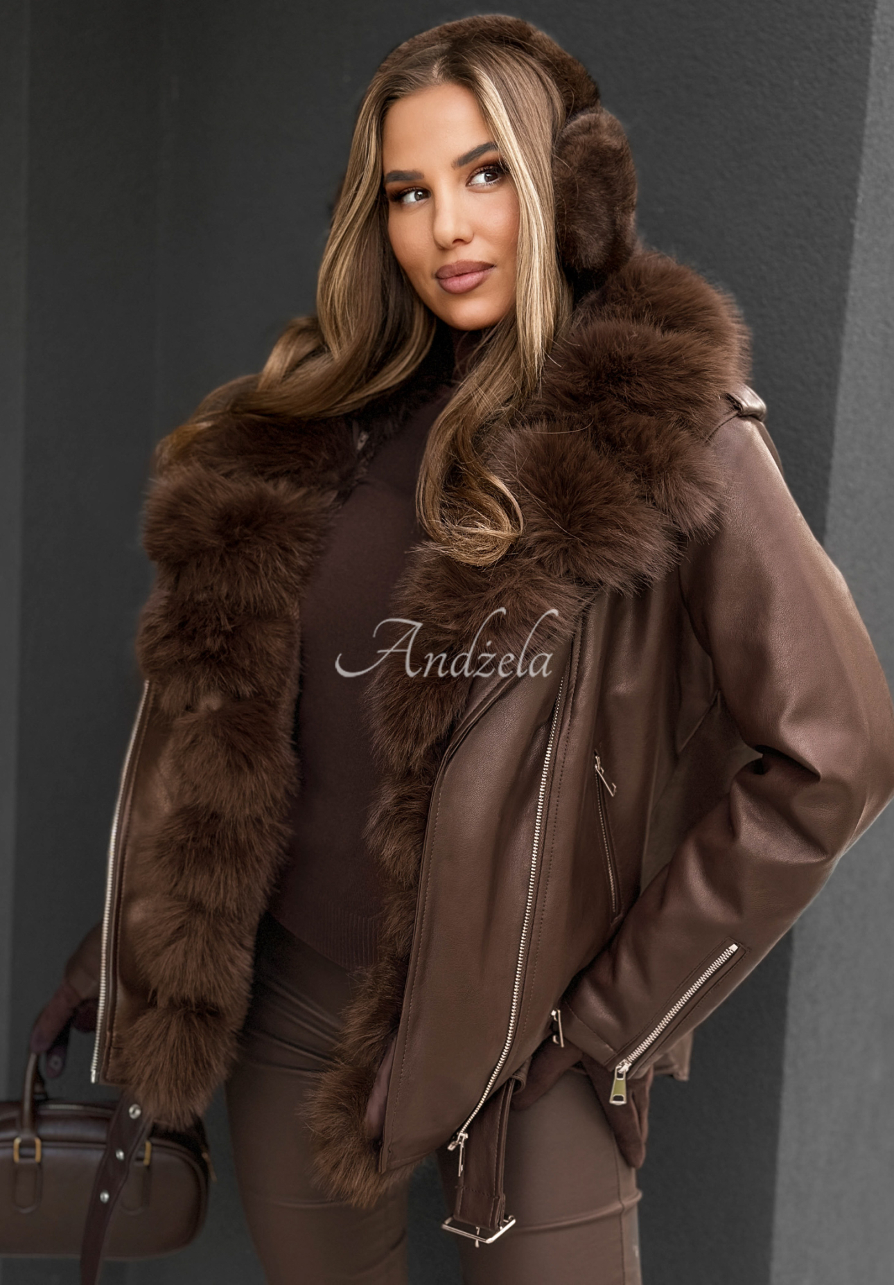 Bikerjacke aus Leder mit Pelz Single Again Schokoladenbraun