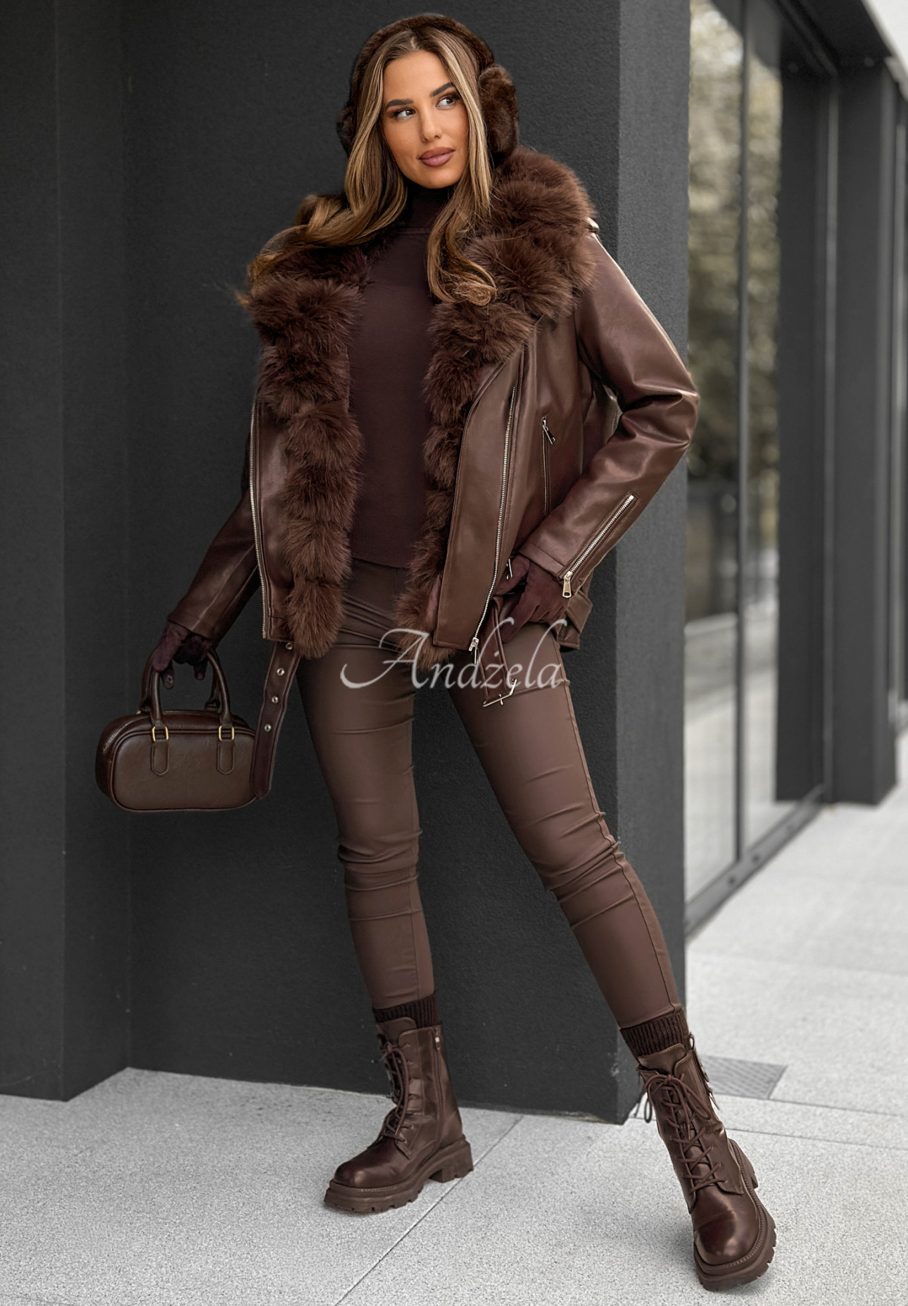 Bikerjacke aus Leder mit Pelz Single Again Schokoladenbraun