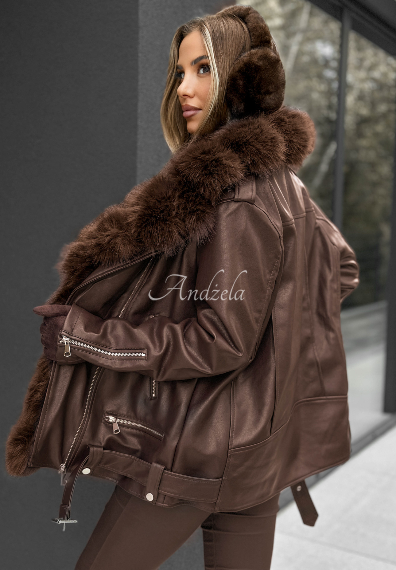 Bikerjacke aus Leder mit Pelz Single Again Schokoladenbraun