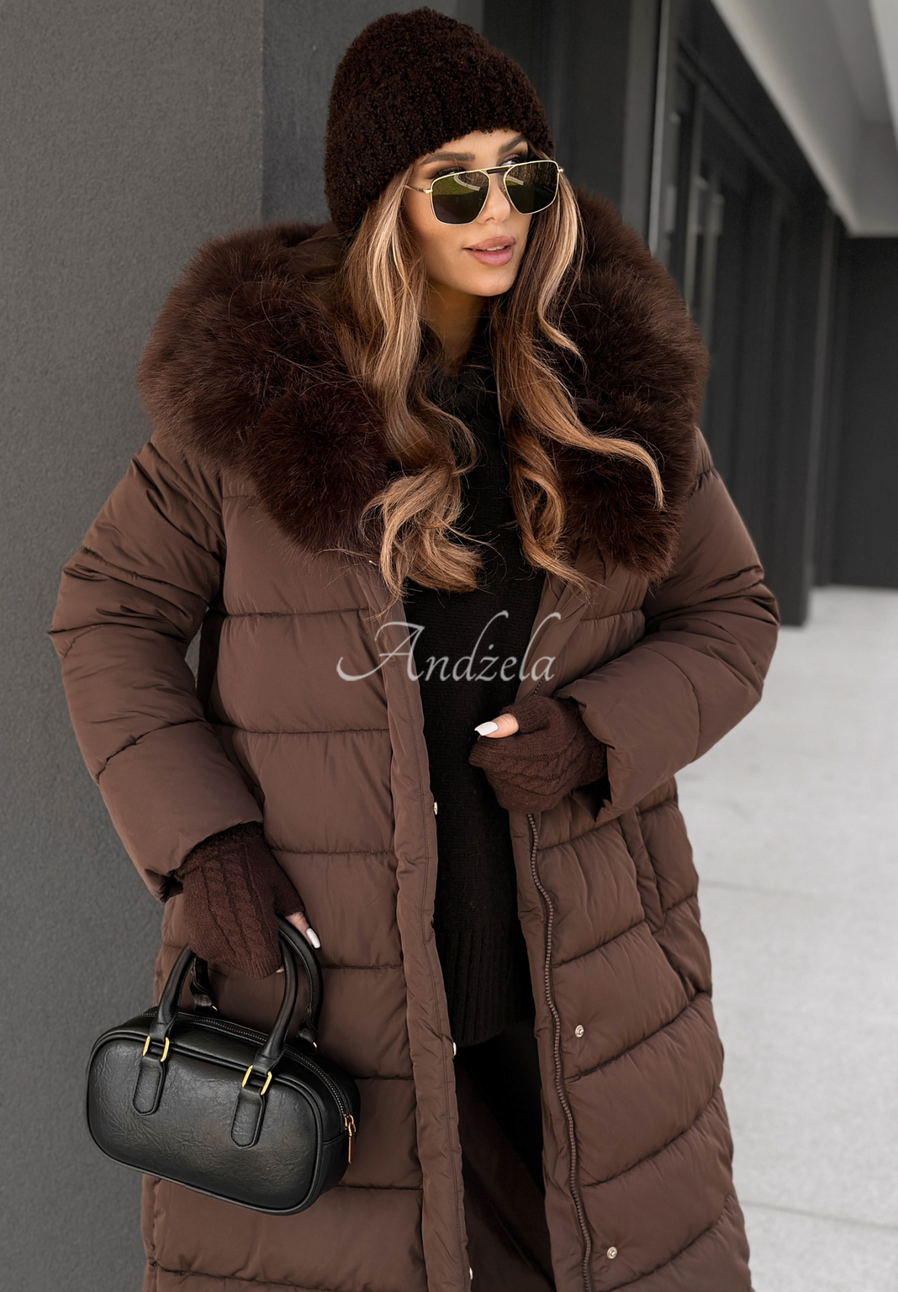 Lange Steppjacke mit Fell For Cold Weather Schokoladenbraun
