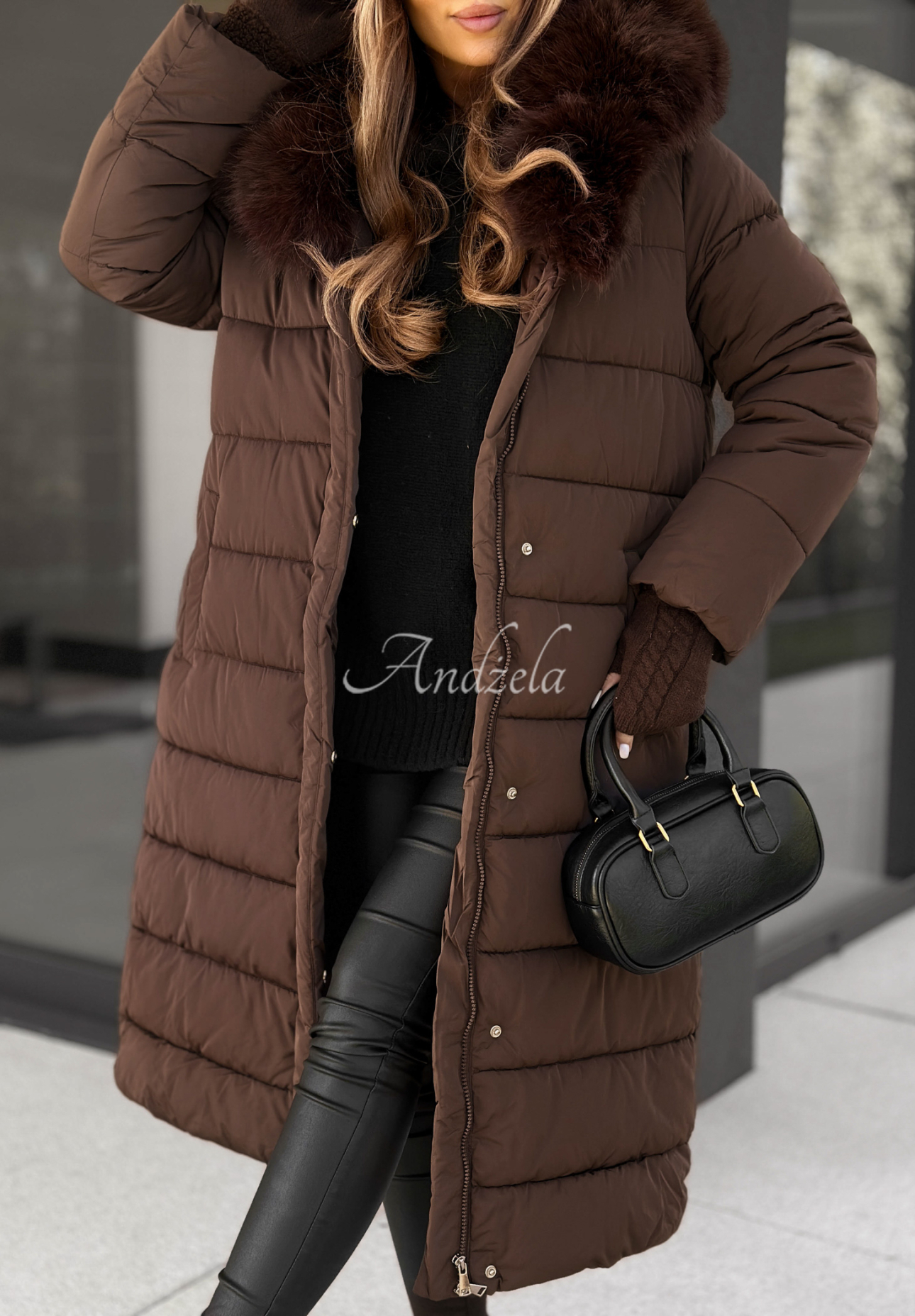Lange Steppjacke mit Fell For Cold Weather Schokoladenbraun