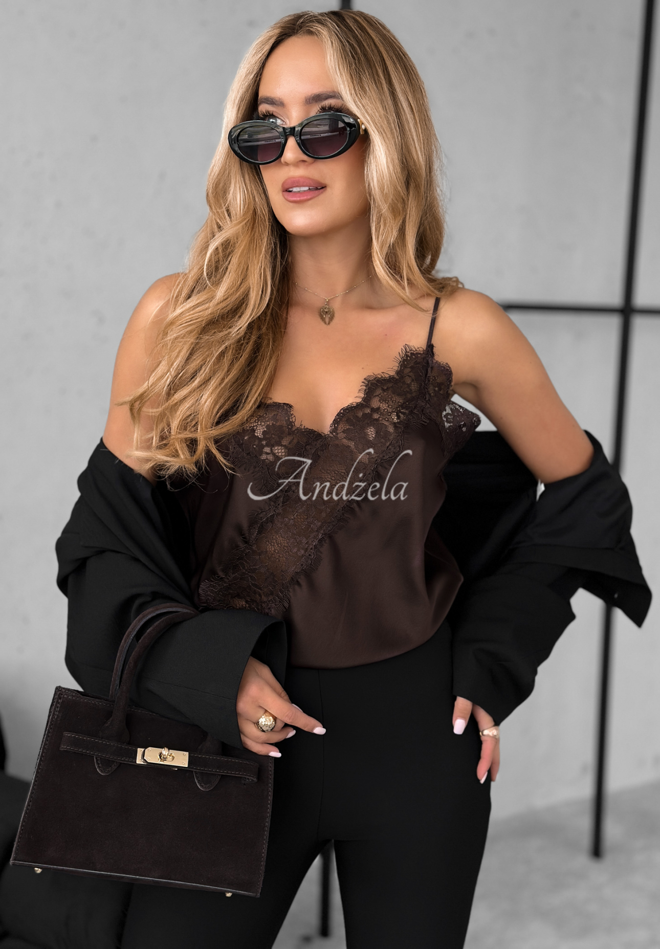 Satin-Tanktop mit Spitze More Than This Schokoladenbraun