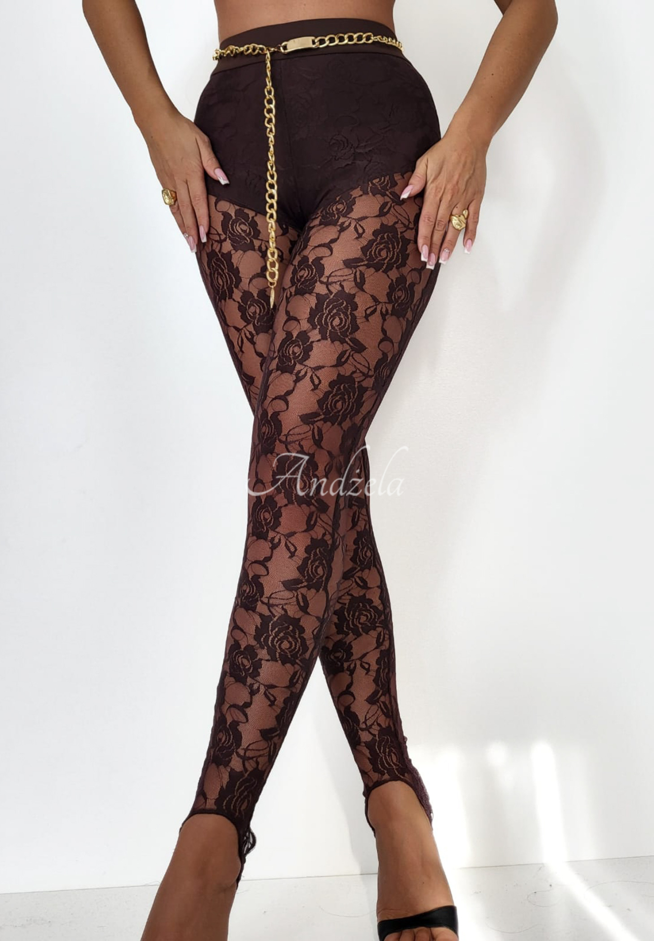 Viskose-Leggings mit Spitze und Fersenkappen Dreaming Of Lace Schokoladenbraun
