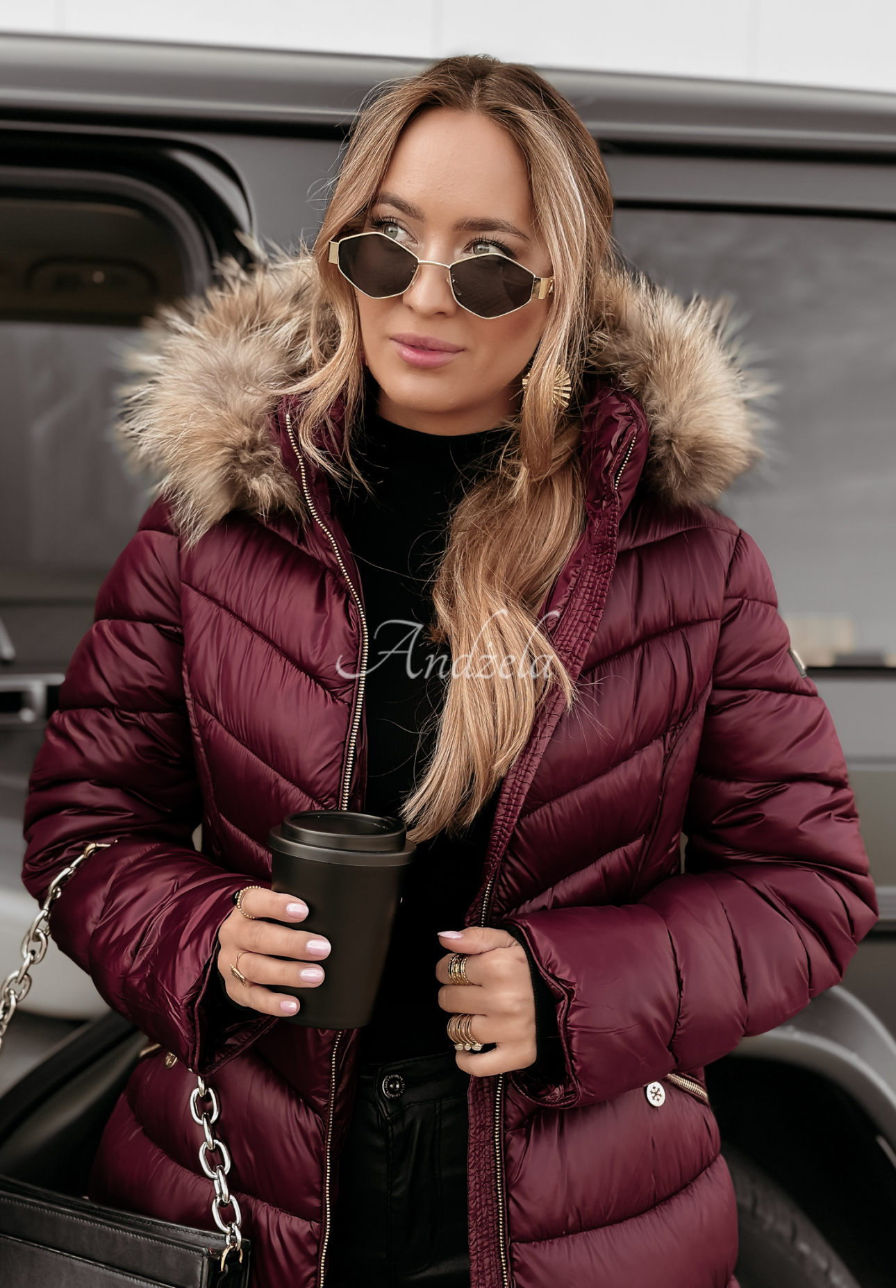 Lange Steppjacke mit Fell The Snow Glow Burgunderrot
