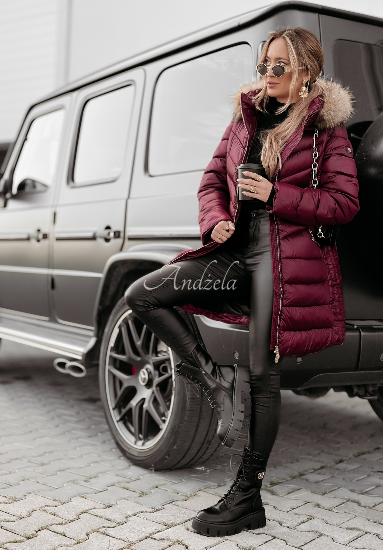Lange Steppjacke mit Fell The Snow Glow Burgunderrot
