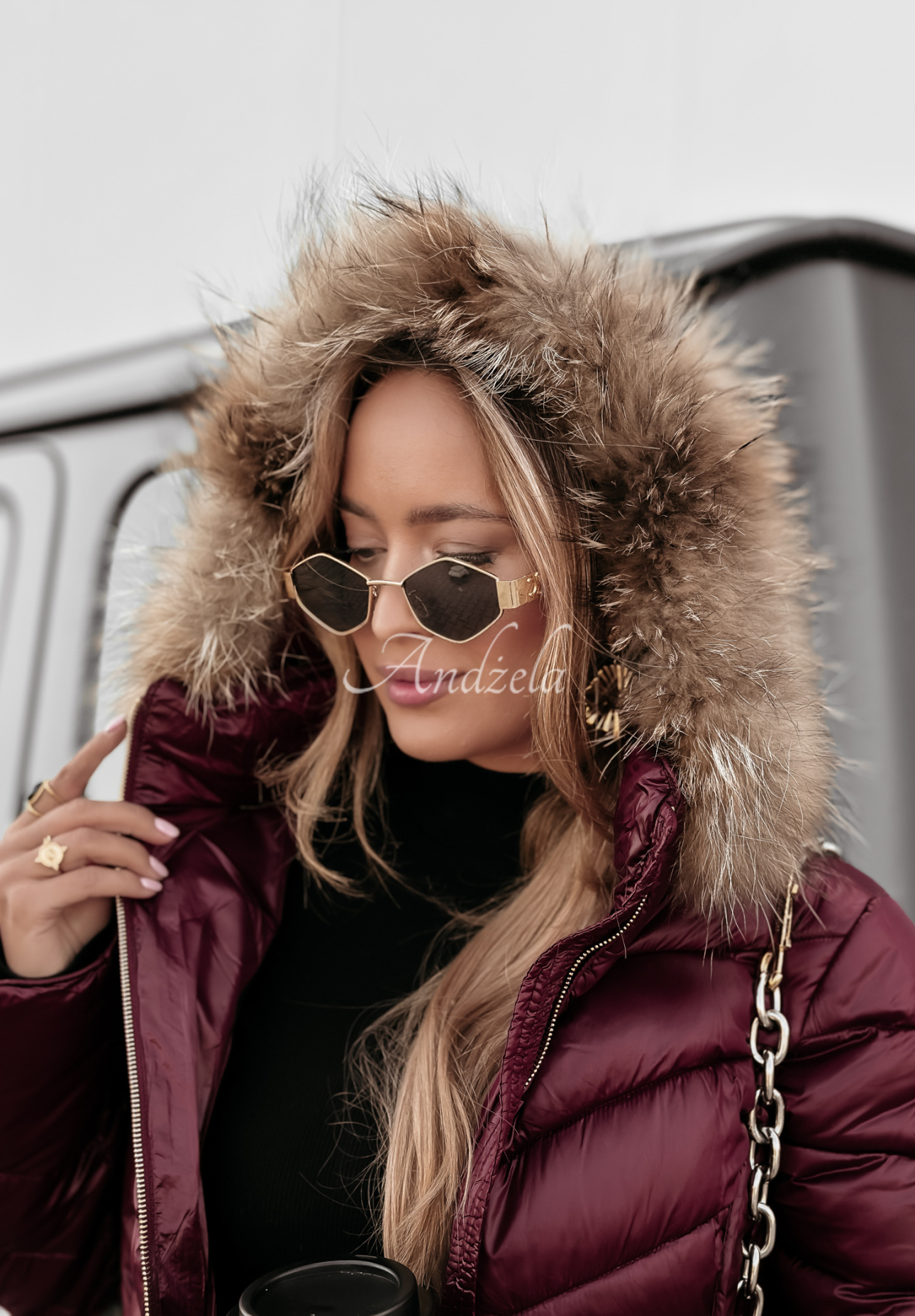 Lange Steppjacke mit Fell The Snow Glow Burgunderrot