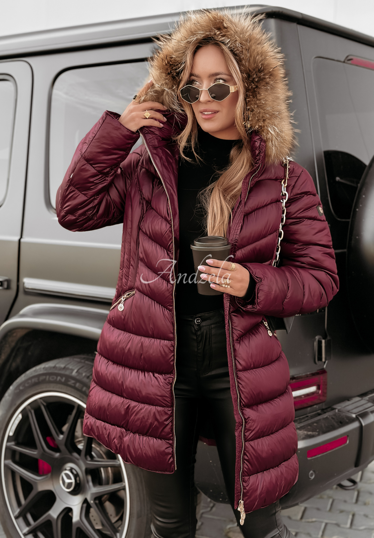 Lange Steppjacke mit Fell The Snow Glow Burgunderrot