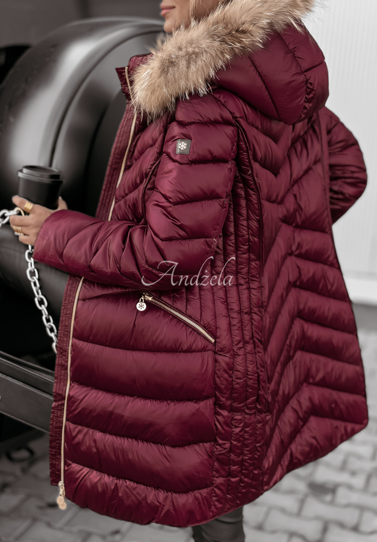 Lange Steppjacke mit Fell The Snow Glow Burgunderrot