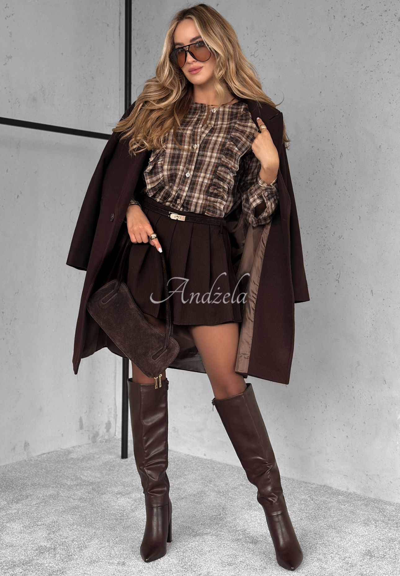 Quiet Power cotton plaid ruffle shirt in camel