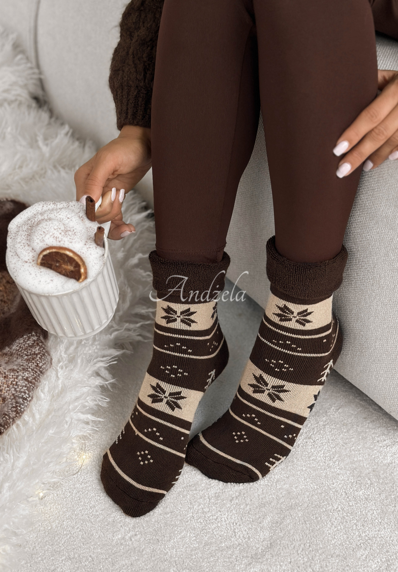 Lange gemusterte Socken Winter Steps schokoladenbraun-beige