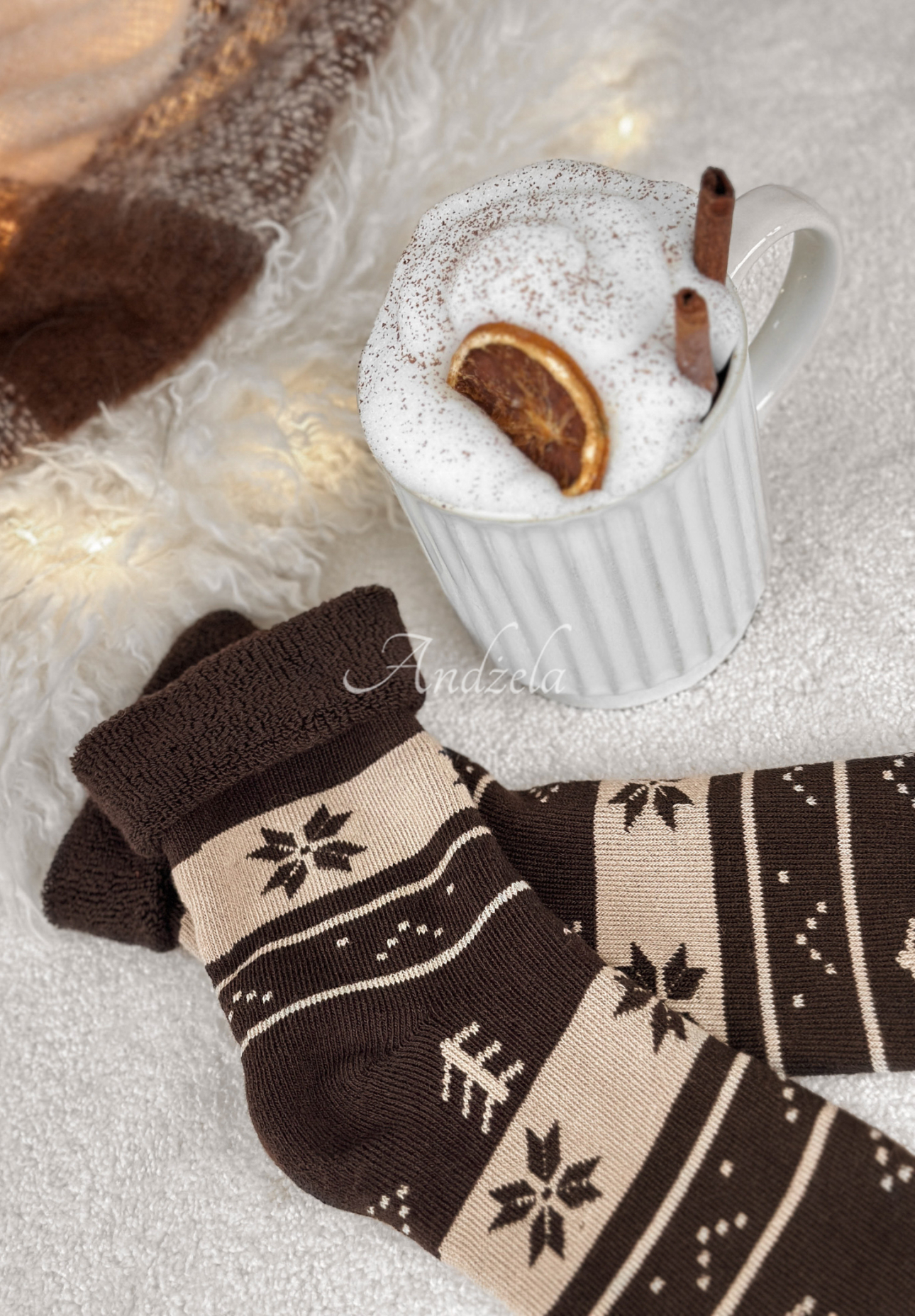 Lange gemusterte Socken Winter Steps schokoladenbraun-beige