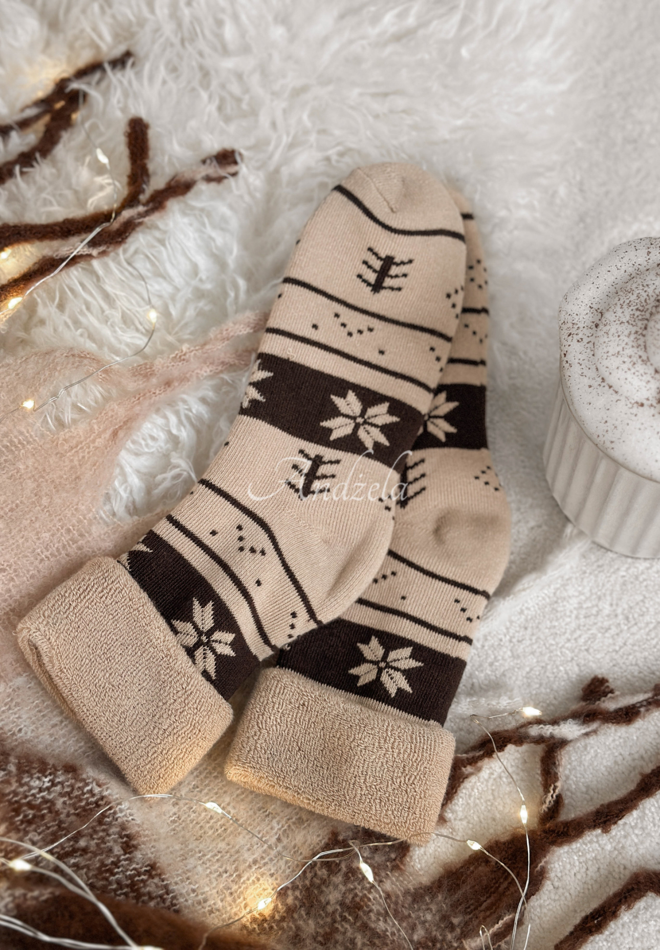 Lange gemusterte Socken Winter Steps Beige-Schokoladenbraun