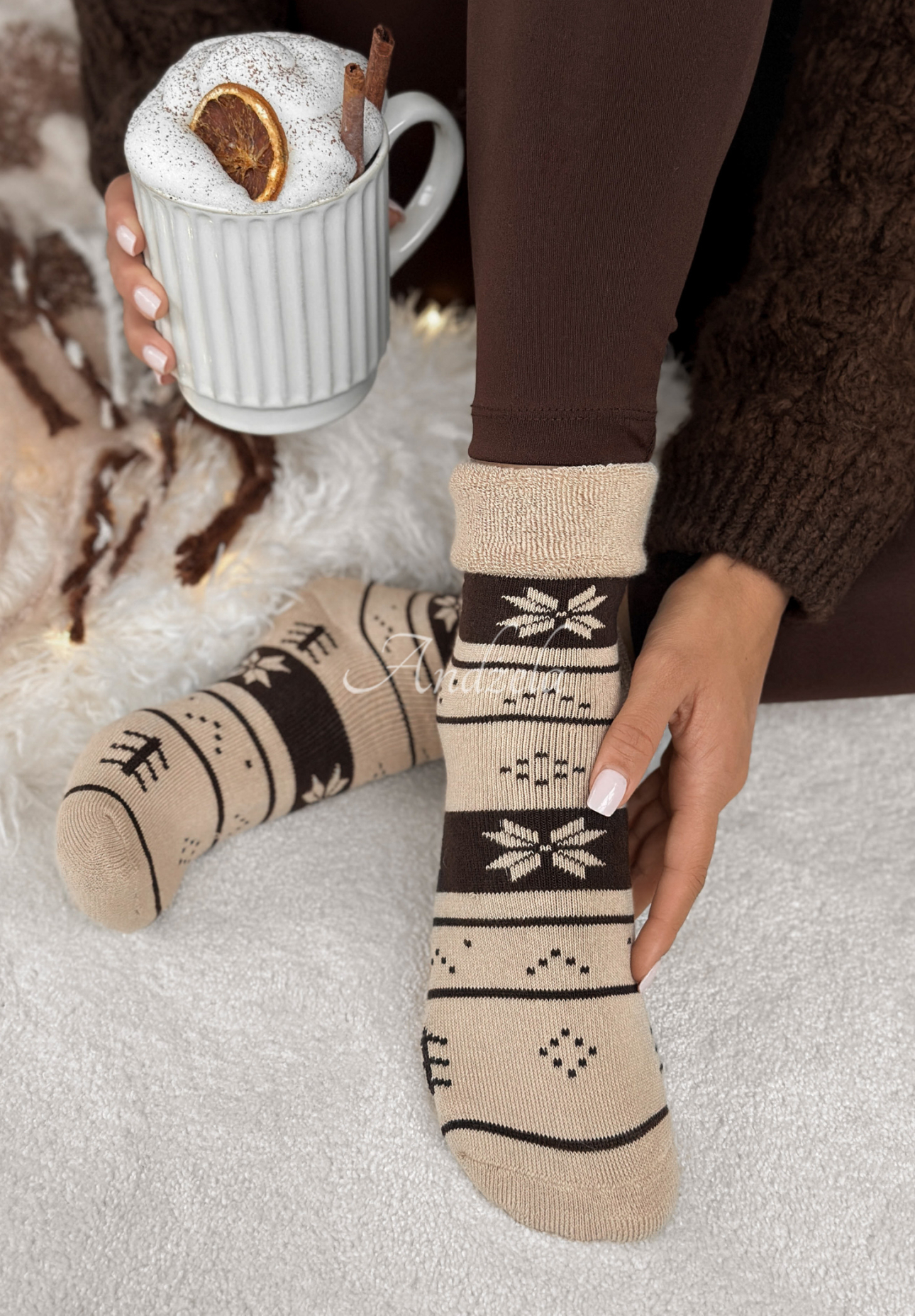 Lange gemusterte Socken Winter Steps Beige-Schokoladenbraun
