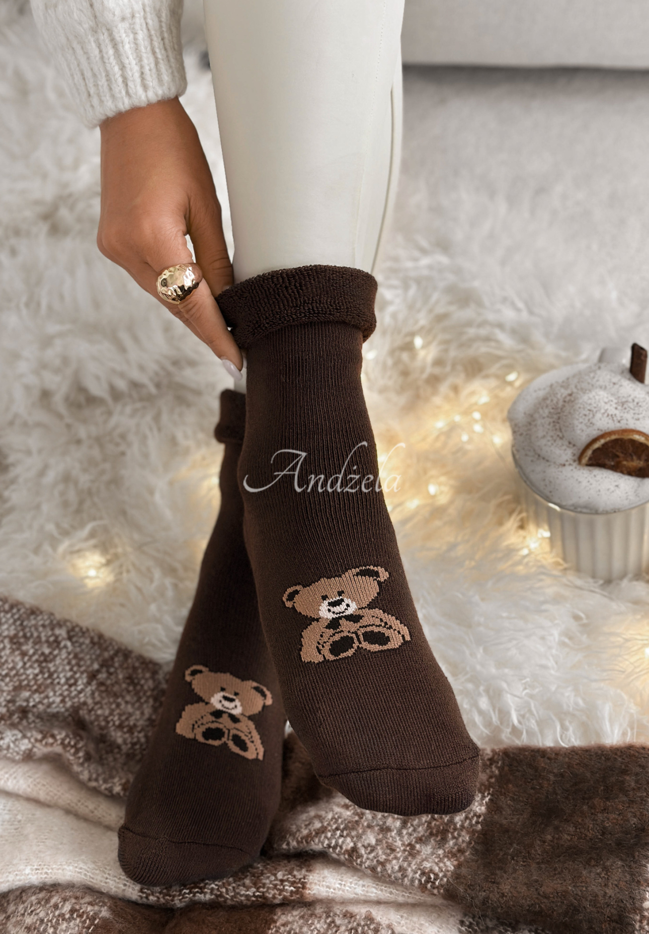 Lange Socken mit Aufdruck Teddy Vibes Schokoladenbraun