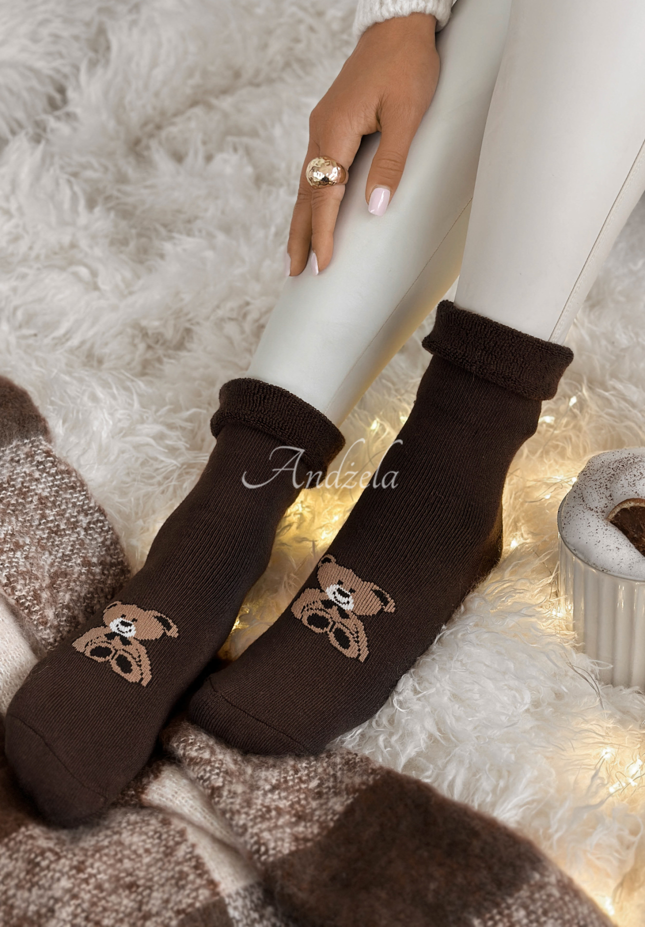 Lange Socken mit Aufdruck Teddy Vibes Schokoladenbraun