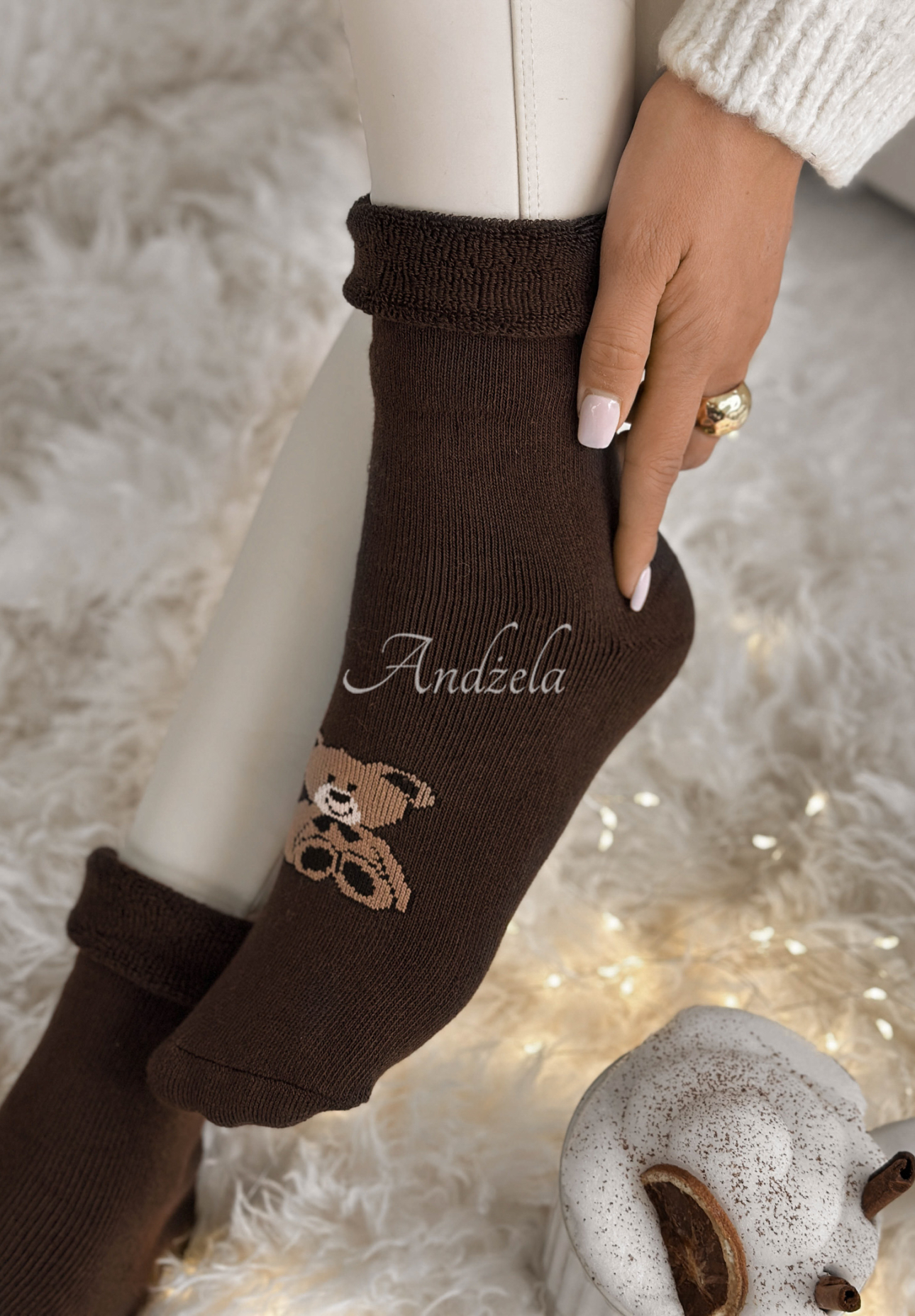 Lange Socken mit Aufdruck Teddy Vibes Schokoladenbraun