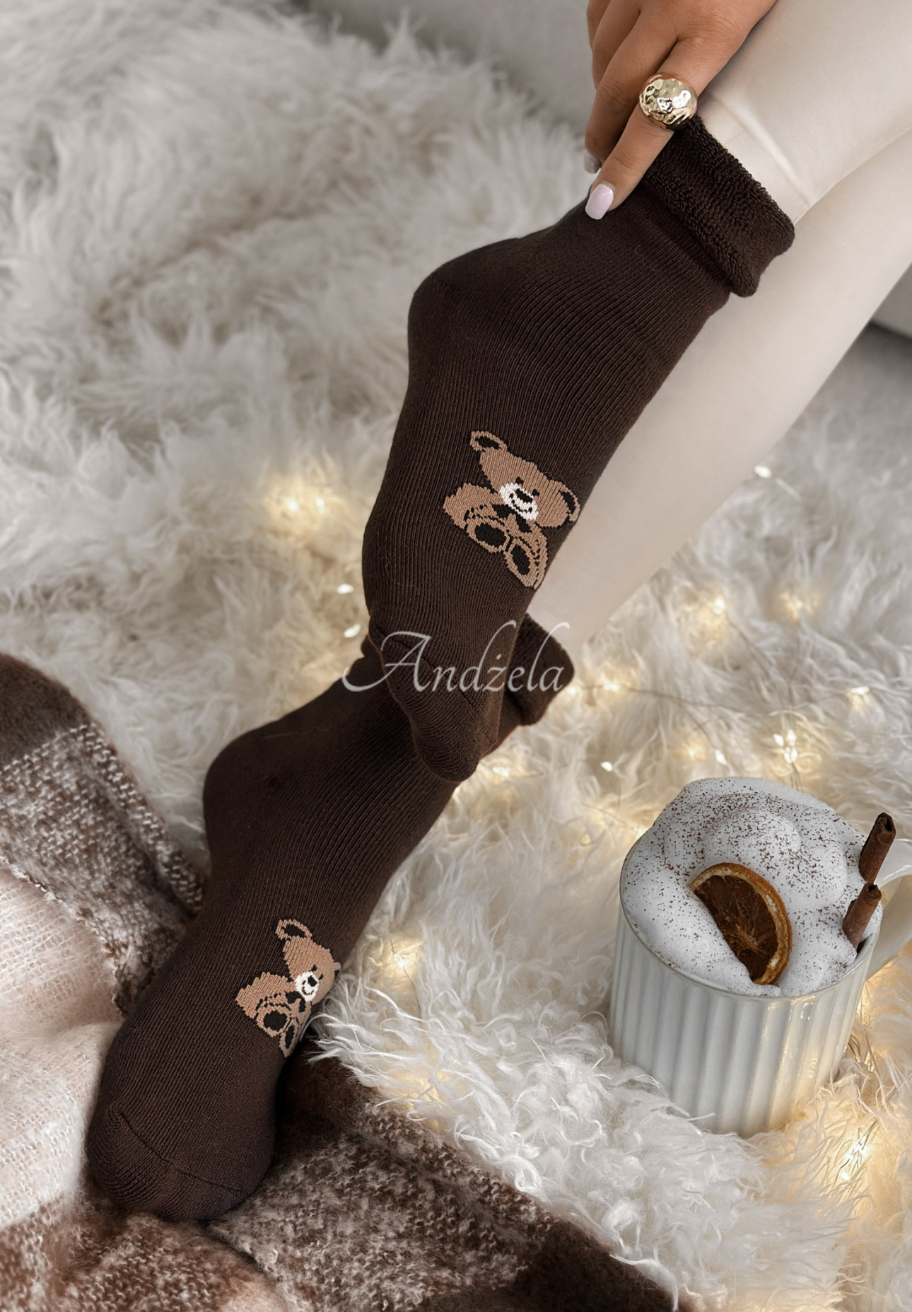 Lange Socken mit Aufdruck Teddy Vibes Schokoladenbraun