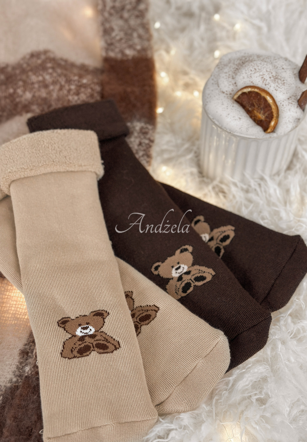 Lange Socken mit Aufdruck Teddy Vibes Beige