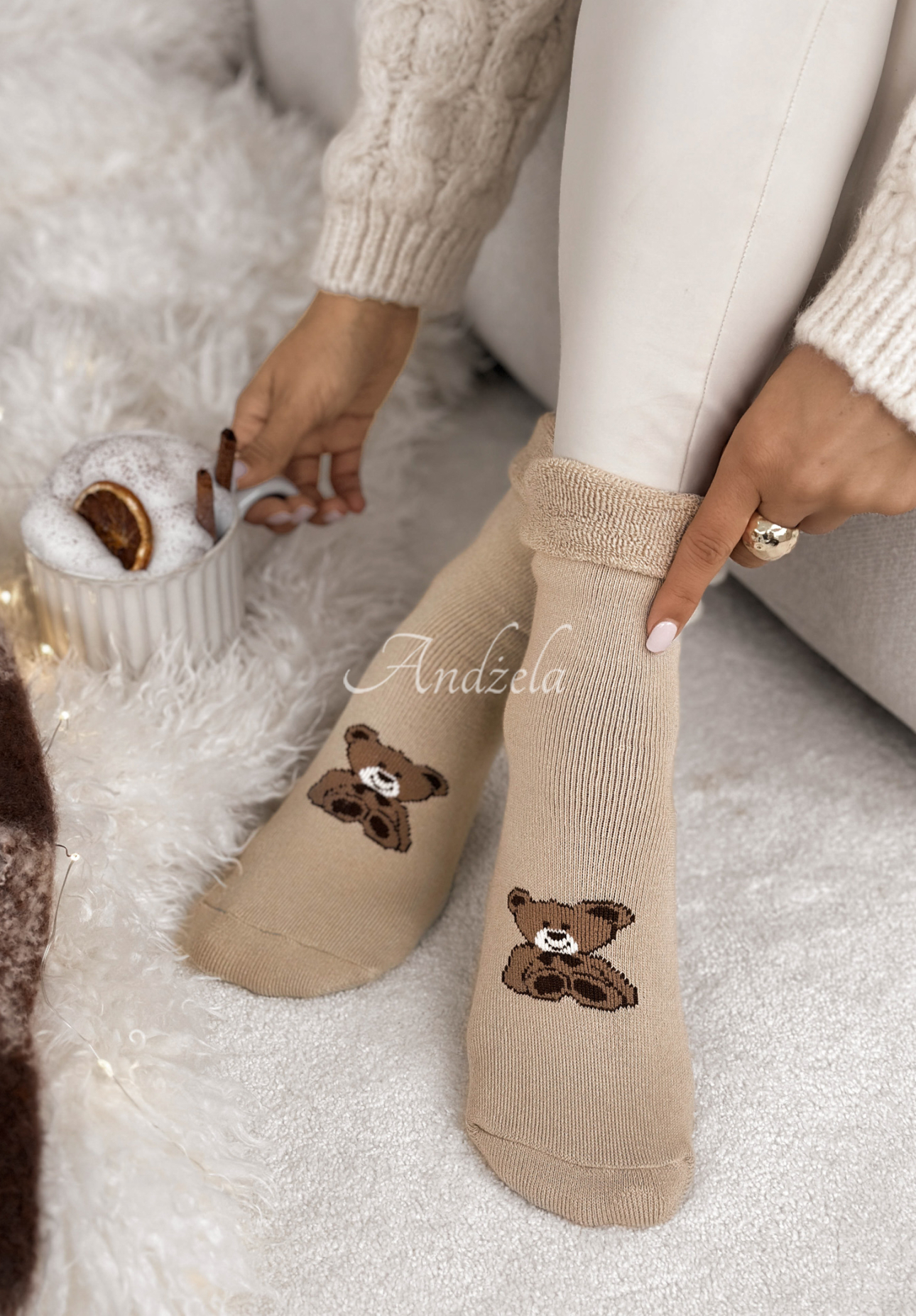 Lange Socken mit Aufdruck Teddy Vibes Beige