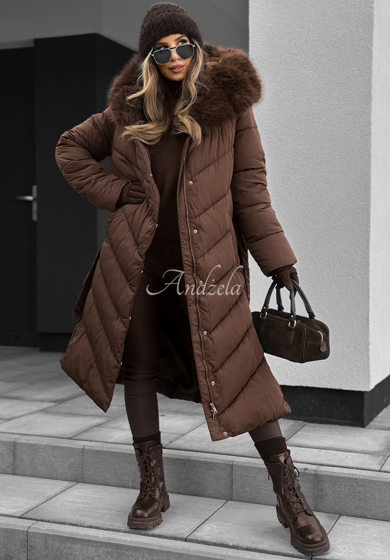 Lange Steppjacke mit Fell Wintery Affection Schokoladenbraun