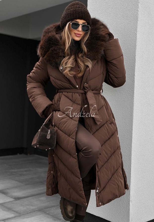 Lange Steppjacke mit Fell Wintery Affection Schokoladenbraun