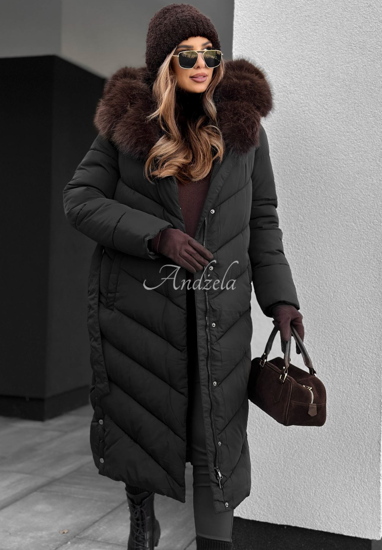 Lange Steppjacke mit Fell Wintery Affection Schwarz