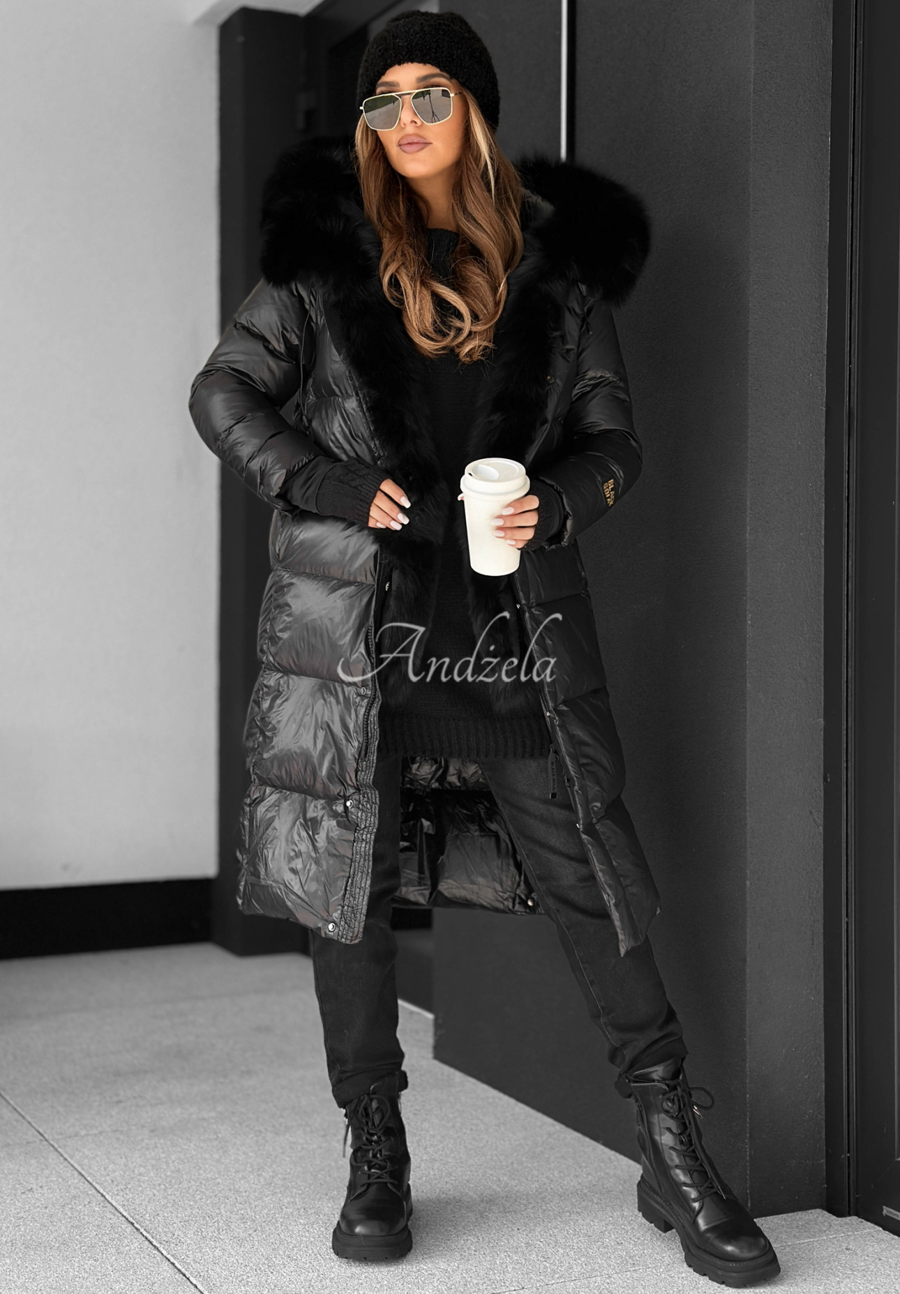 Daunenjacke mit Fell Zero Contact Schwarz