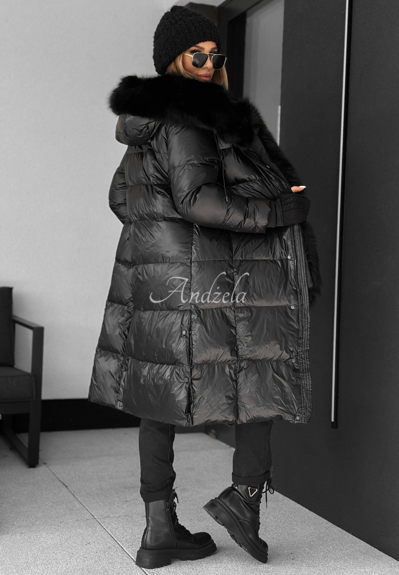 Daunenjacke mit Fell Zero Contact Schwarz