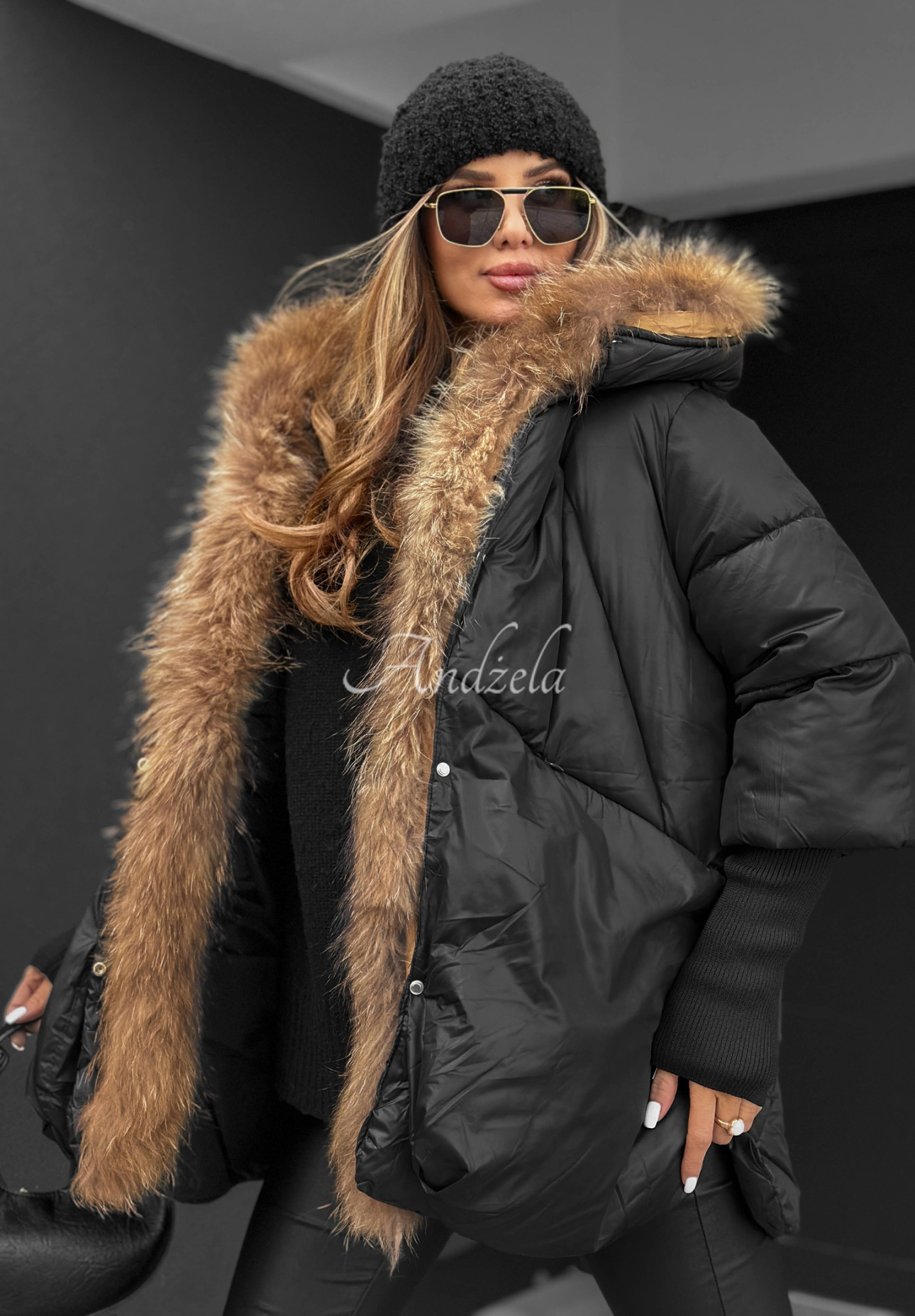 Steppjacke mit Fell Hello October Schwarz