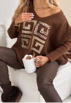 Asymetryczny Pullover z nadrukiem Feel The Vibe Schokoladenbraun