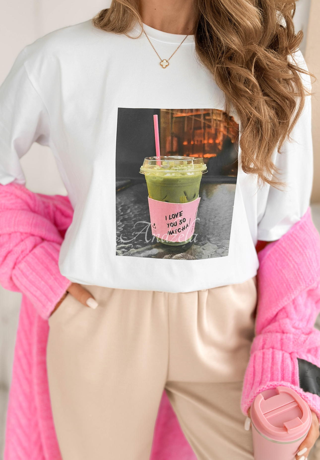T-Shirt mit Aufdruck I Love Matcha Weiß